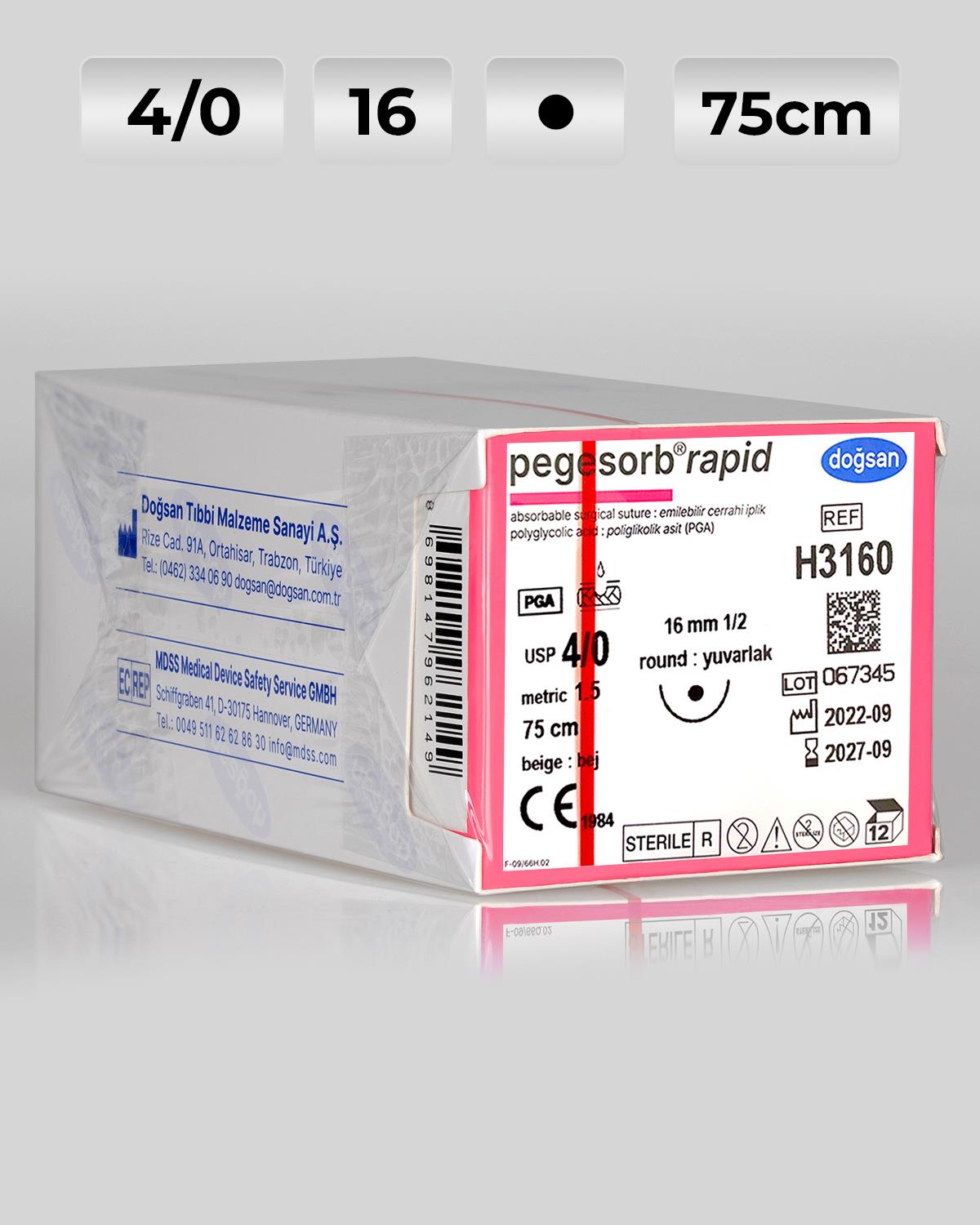 H3160 DOĞSAN Pegesorb Rapid 4/0 16 1/2 Yuvarlak (●) 75cm PGLA Emilebilir Sütür 12 Ad./Pkt