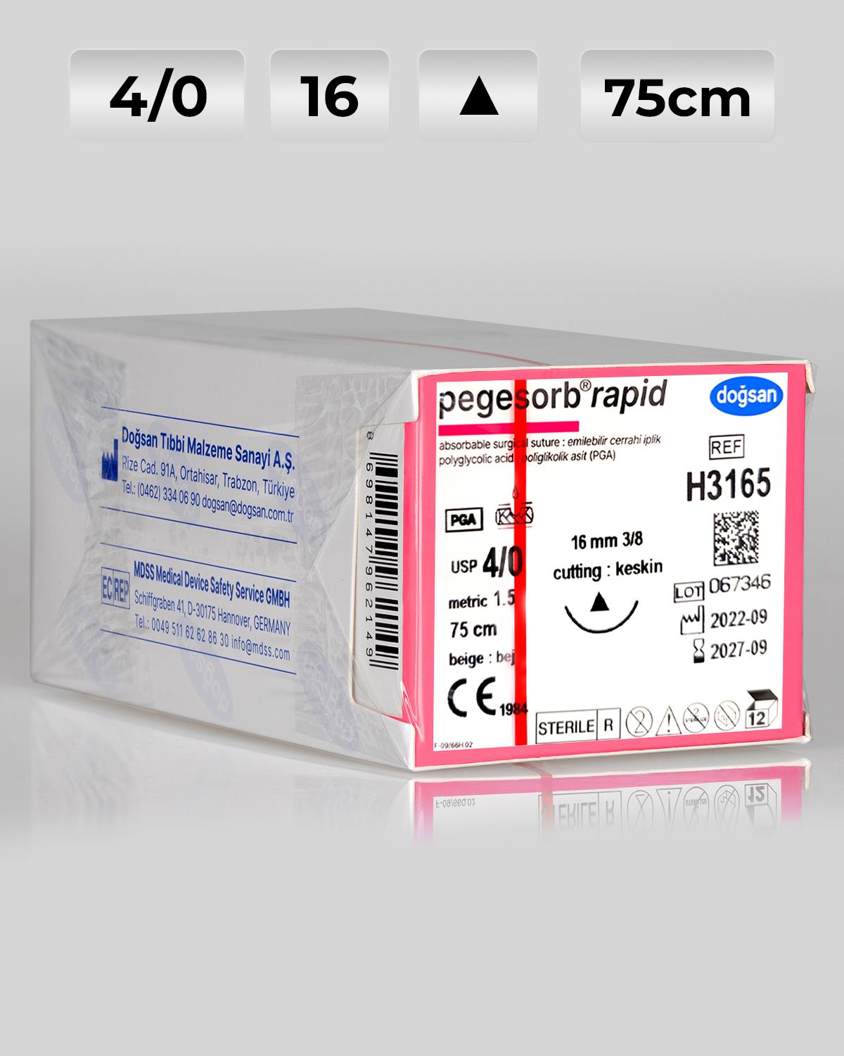 H3165 DOĞSAN Pegesorb Rapid 4/0 16 3/8 Keskin (Δ) 75cm PGLA Emilebilir Sütür 12 Ad./Pkt