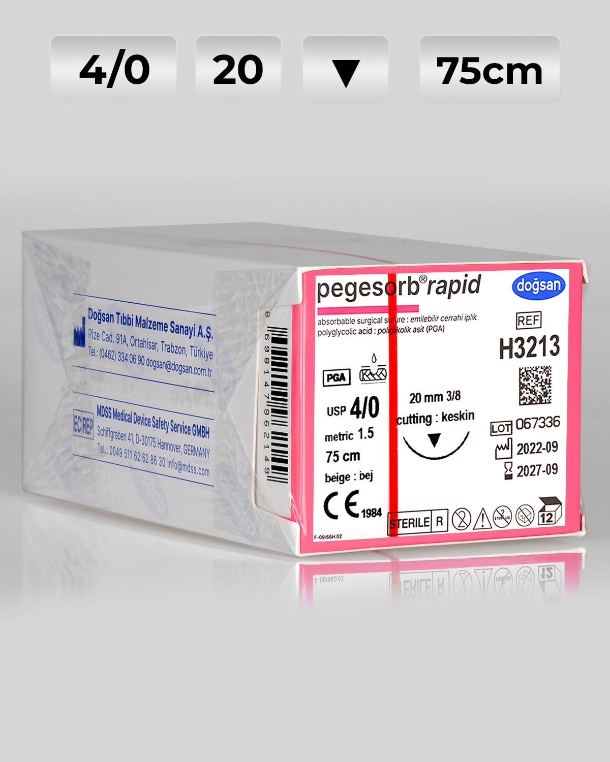 H3213 DOĞSAN Pegesorb Rapid 4/0 20 3/8 Keskin (▼) 75cm PGLA Emilebilir Sütür 12 Ad./Pkt