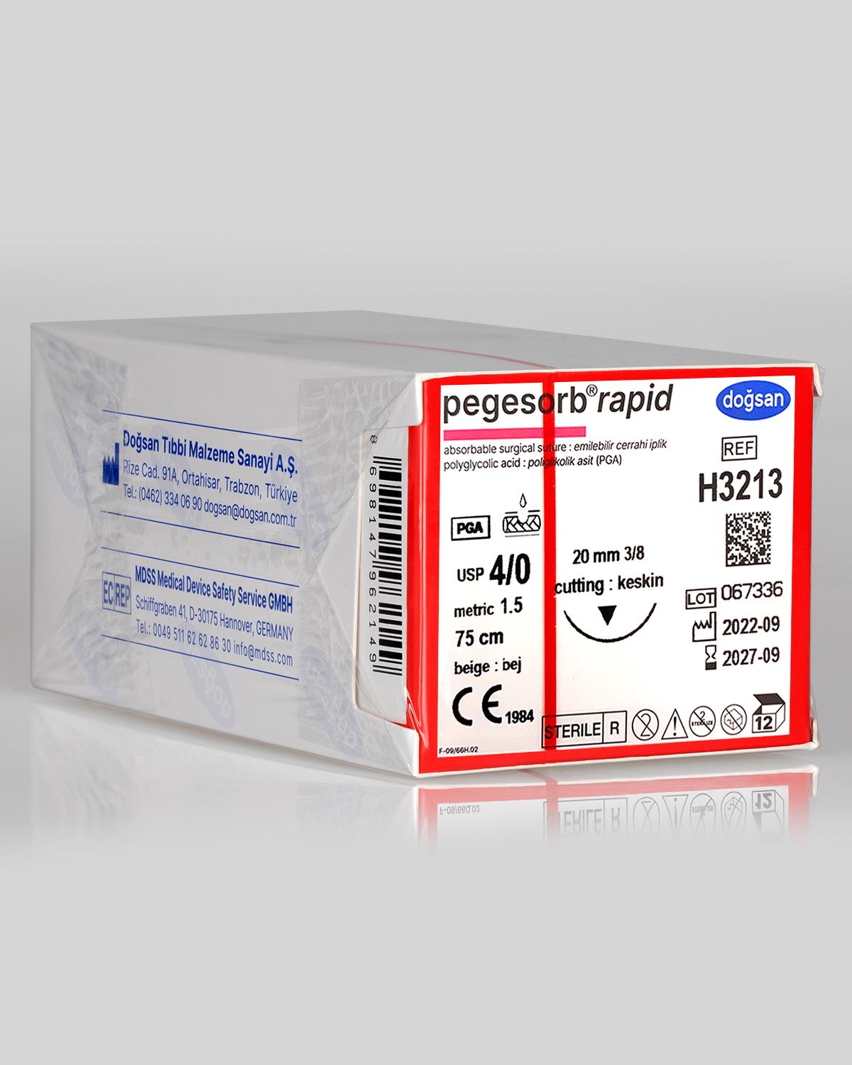 H3213 DOĞSAN Pegesorb Rapid 4/0 20 3/8 Keskin (▼) 75cm PGLA Emilebilir Sütür 12 Ad./Pkt