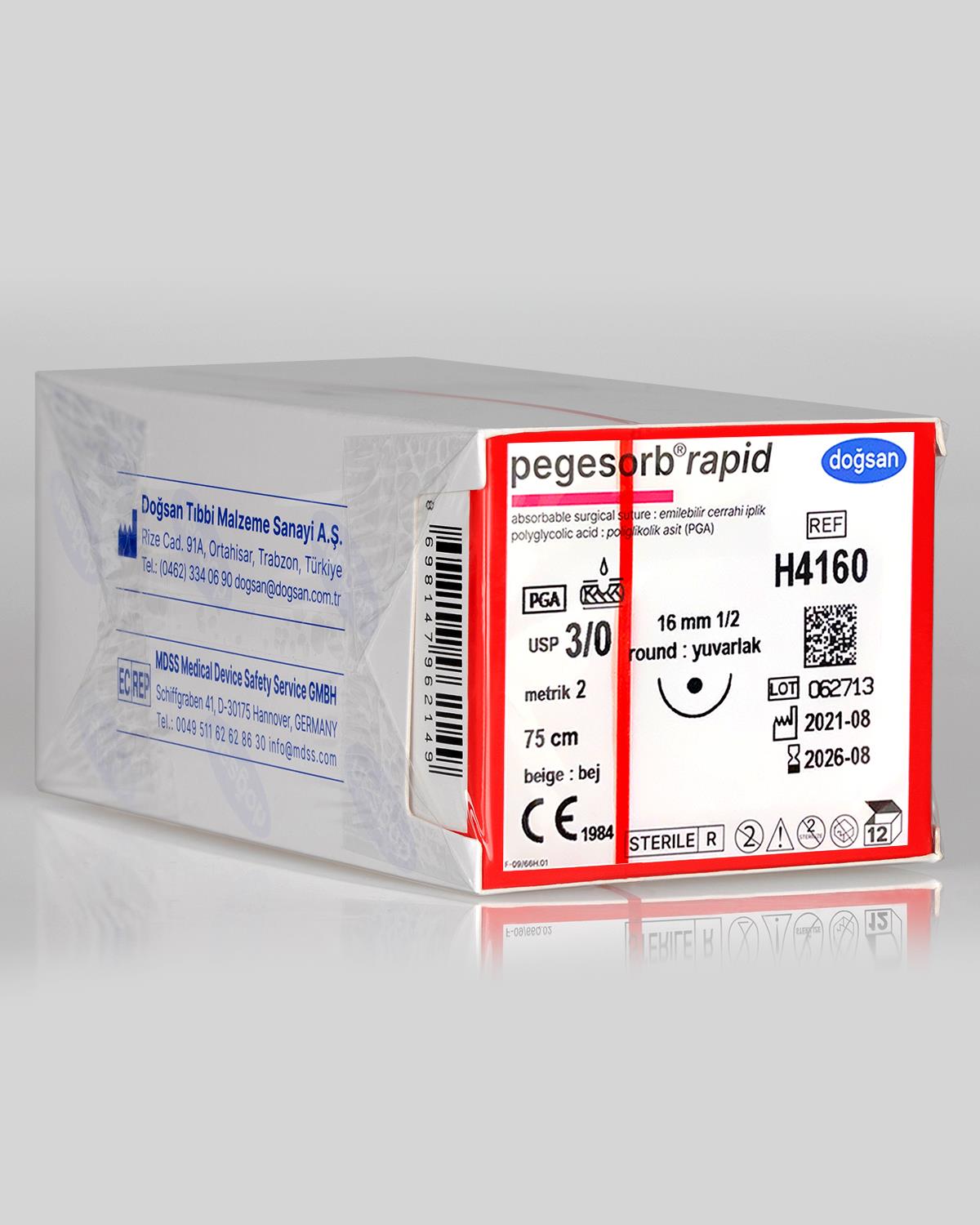 H4160 DOĞSAN Pegesorb Rapid 3/0 16 1/2 Yuvarlak (●) 75cm PGLA Emilebilir Sütür 12 Ad./Pkt