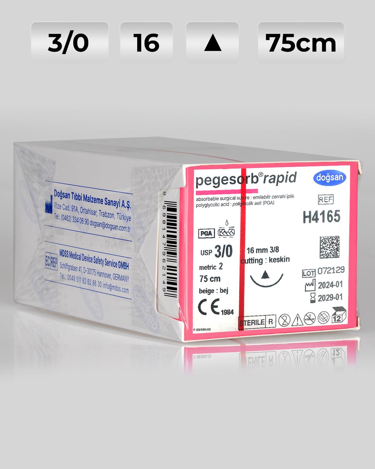 H4165 DOĞSAN Pegesorb Rapid 3/0 16 3/8 Keskin (Δ) 75cm PGLA Emilebilir Sütür 12 Ad./Pkt