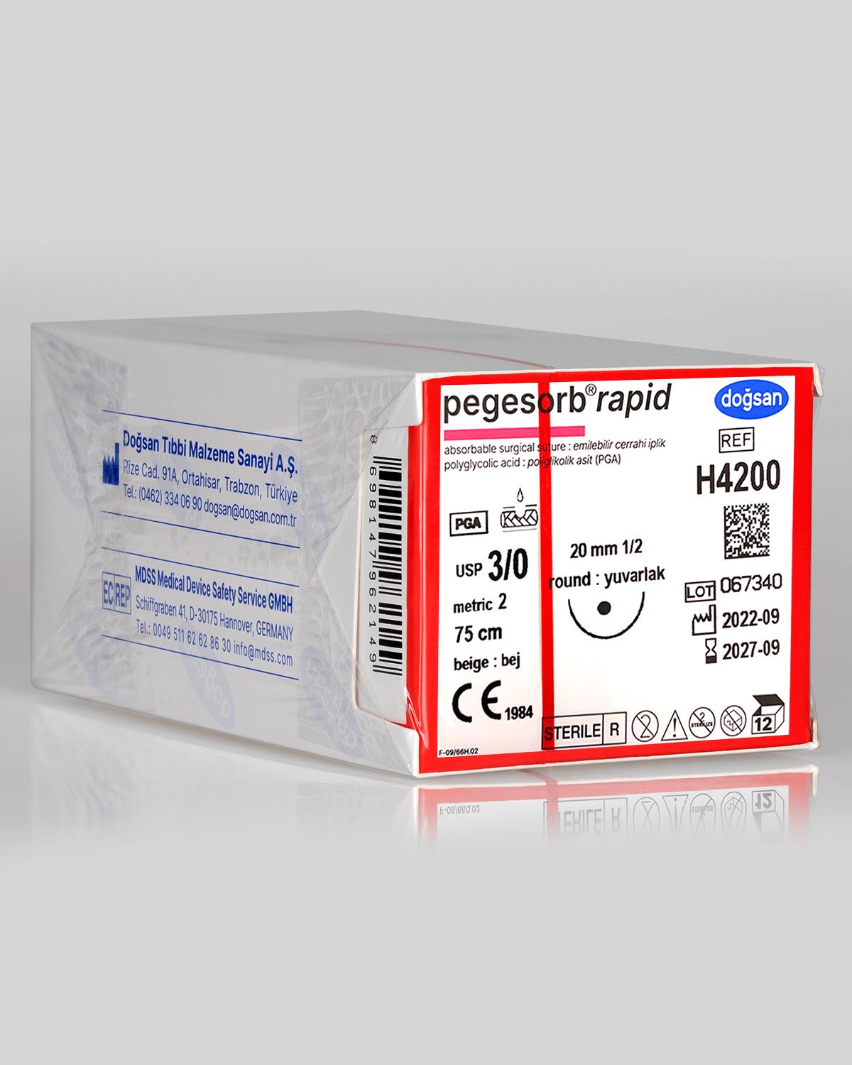 H4200 DOĞSAN Pegesorb Rapid 3/0 20 1/2 Yuvarlak (●) 75cm PGLA Emilebilir Sütür 12 Ad./Pkt