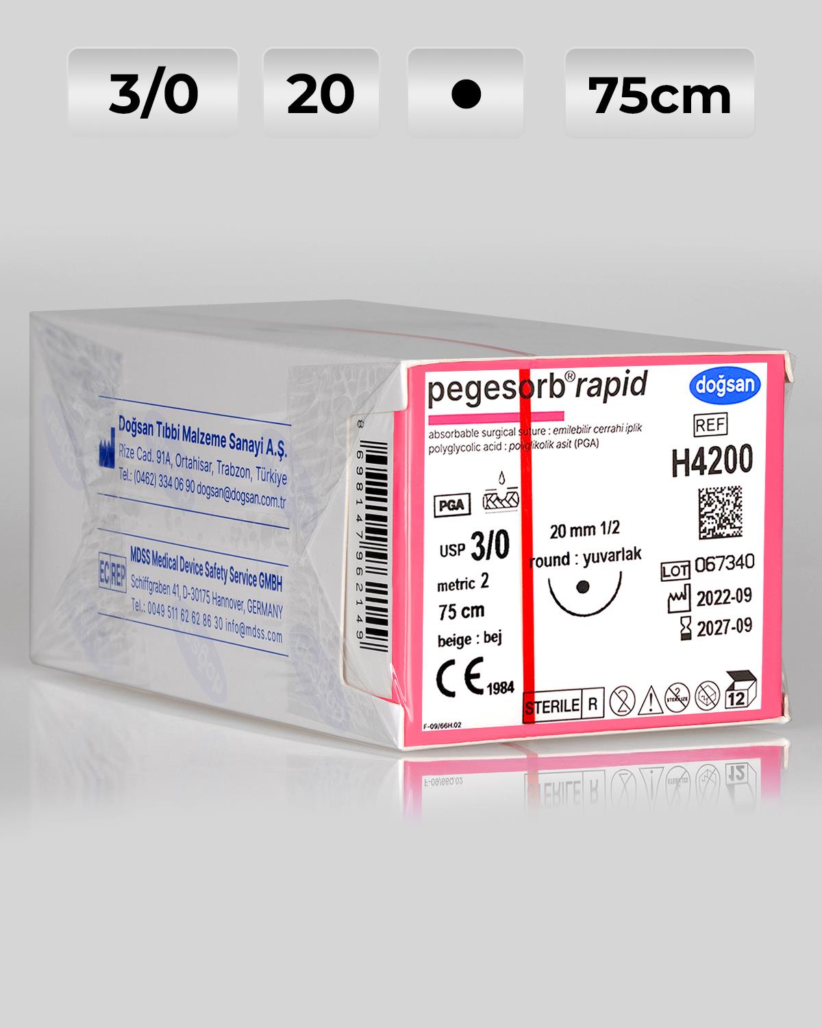 H4200 DOĞSAN Pegesorb Rapid 3/0 20 1/2 Yuvarlak (●) 75cm PGLA Emilebilir Sütür 12 Ad./Pkt