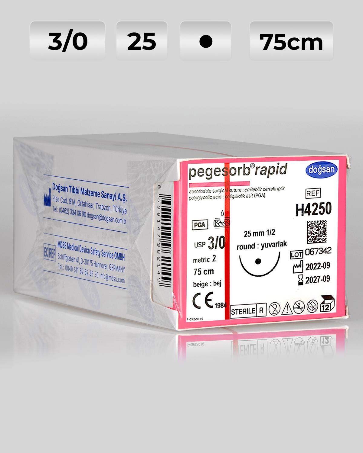 H4250 DOĞSAN Pegesorb Rapid 3/0 25 1/2 Yuvarlak (●) 75cm PGLA Emilebilir Sütür 12 Ad./Pkt