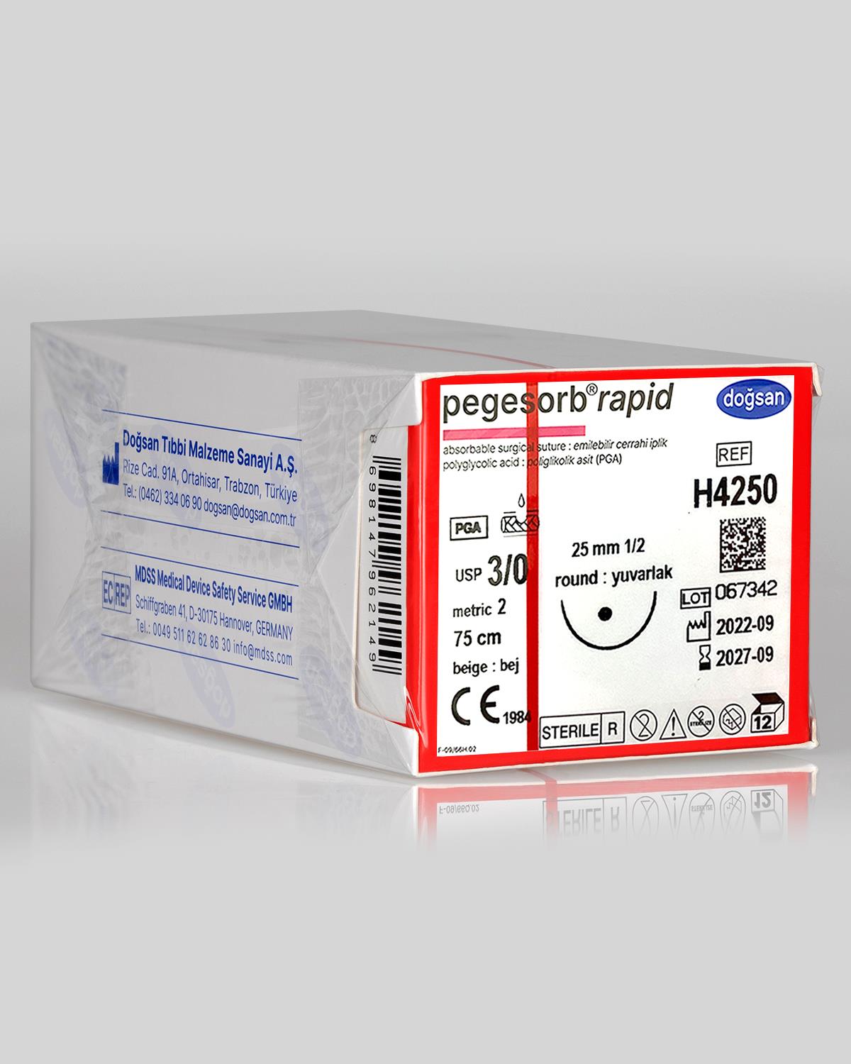 H4250 DOĞSAN Pegesorb Rapid 3/0 25 1/2 Yuvarlak (●) 75cm PGLA Emilebilir Sütür 12 Ad./Pkt