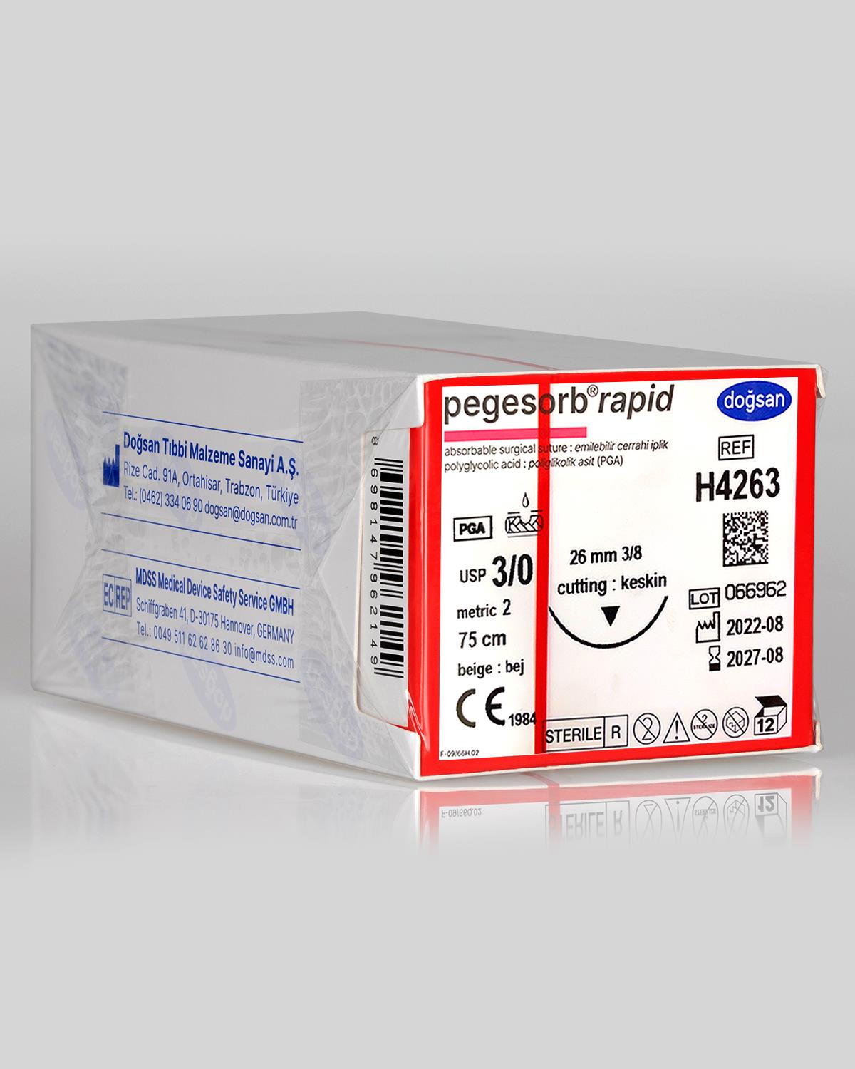 H4263 DOĞSAN Pegesorb Rapid 3/0 26 3/8 Keskin (▼) 75cm PGLA Emilebilir Sütür 12 Ad./Pkt