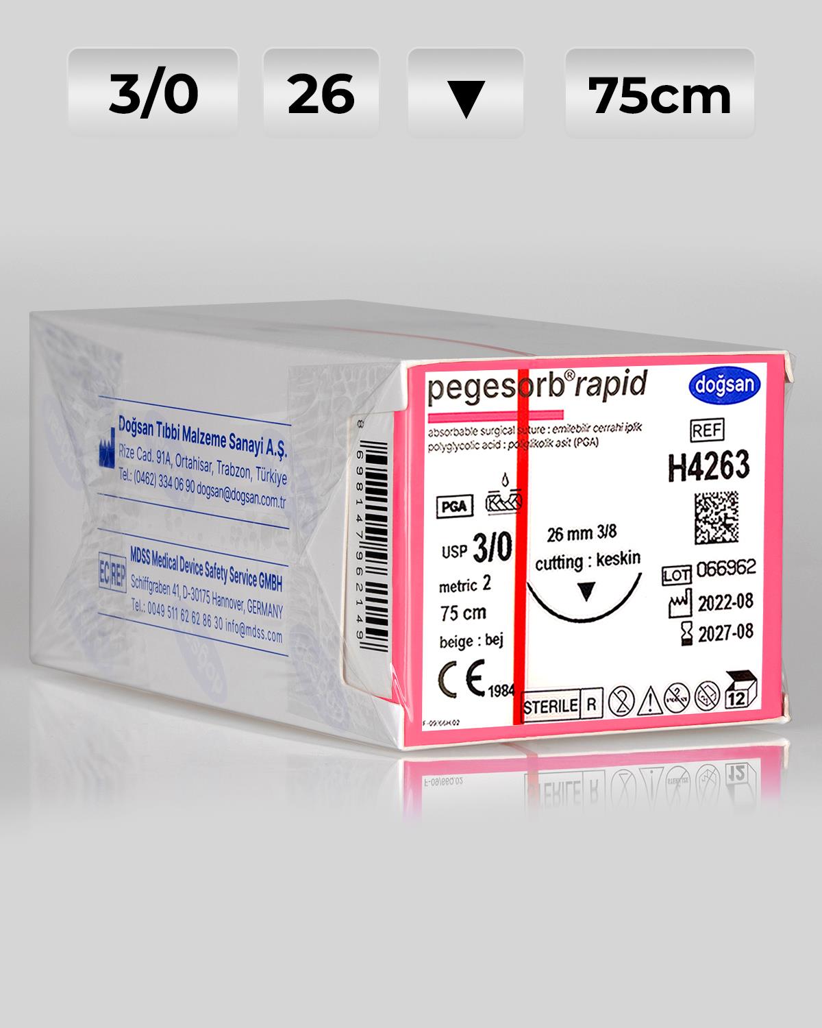 H4263 DOĞSAN Pegesorb Rapid 3/0 26 3/8 Keskin (▼) 75cm PGLA Emilebilir Sütür 12 Ad./Pkt