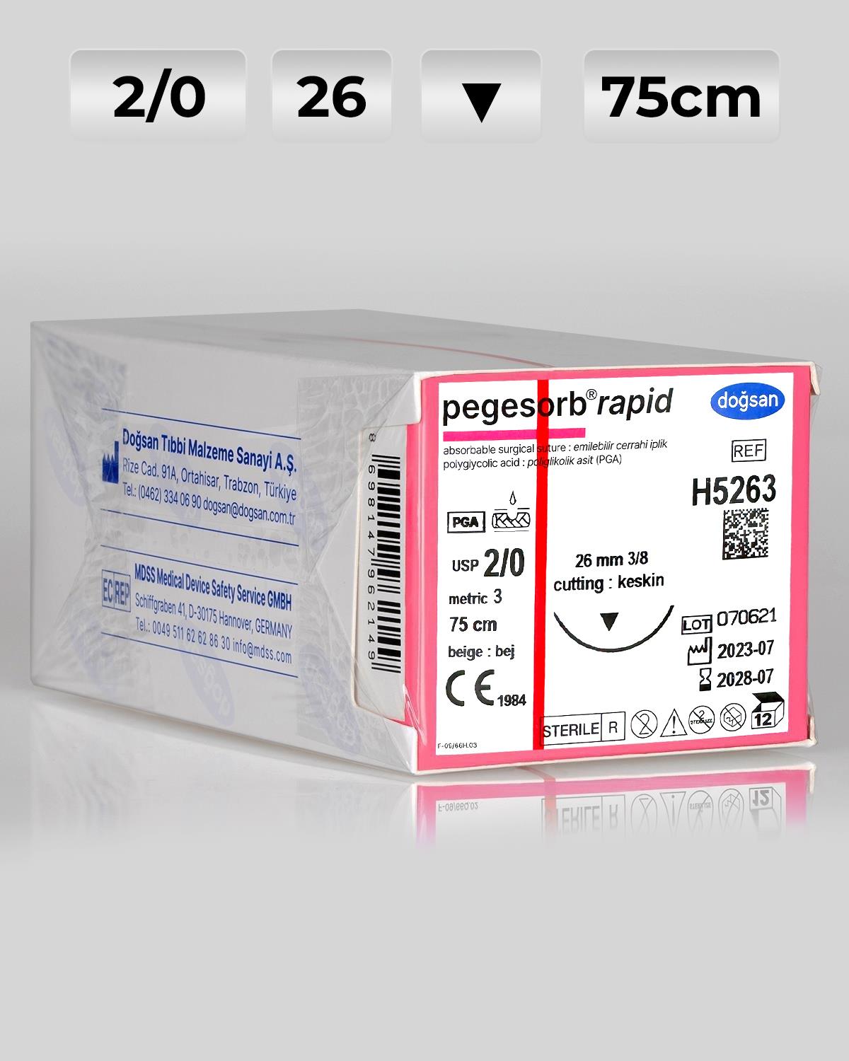 H5263 DOĞSAN Pegesorb Rapid 2/0 26 3/8 Keskin (▼) 75cm PGLA Emilebilir Sütür 12 Ad./Pkt
