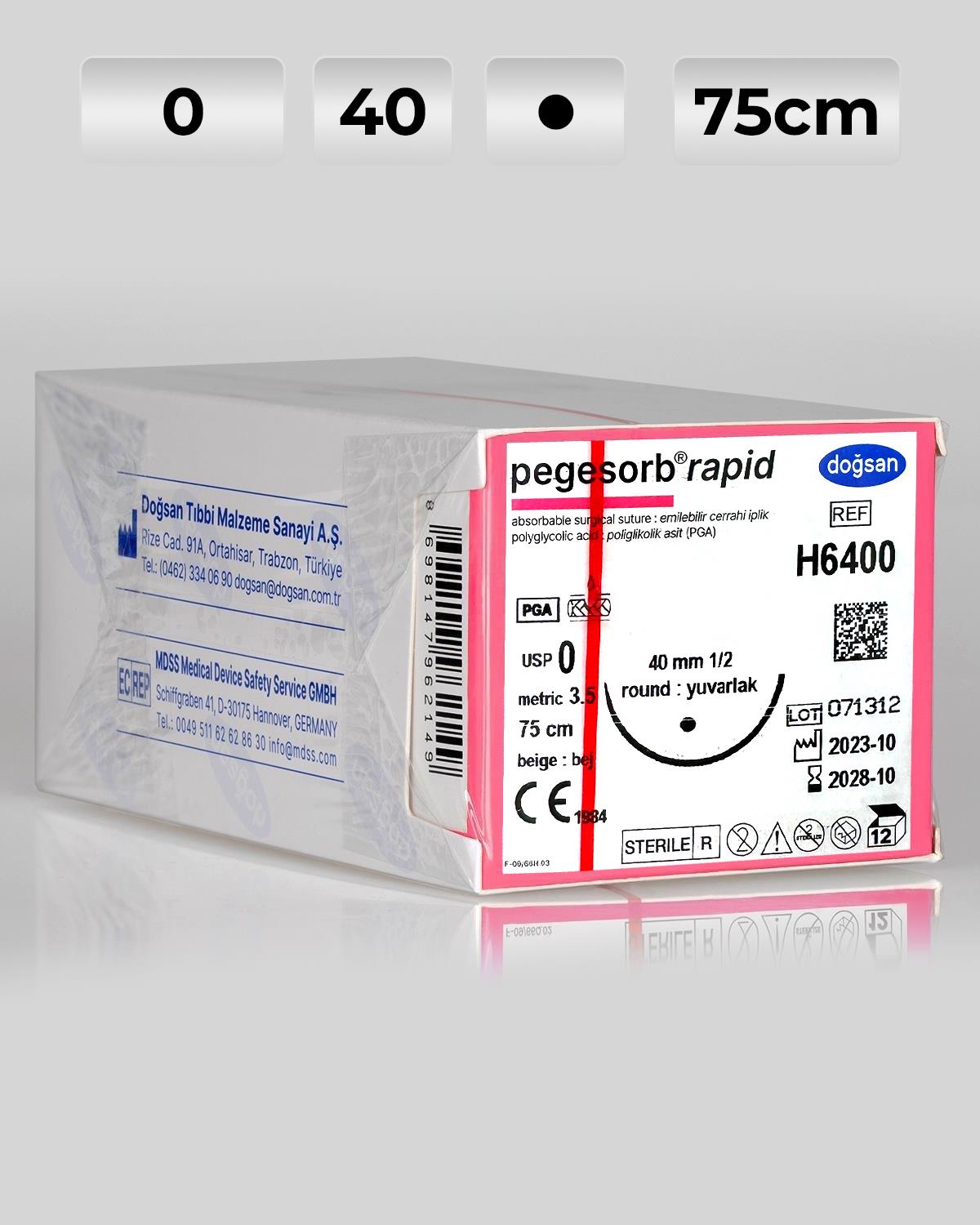 H6400 DOĞSAN Pegesorb Rapid 0 40 1/2 Yuvarlak (●) 75cm PGLA Emilebilir Sütür 12 Ad./Pkt