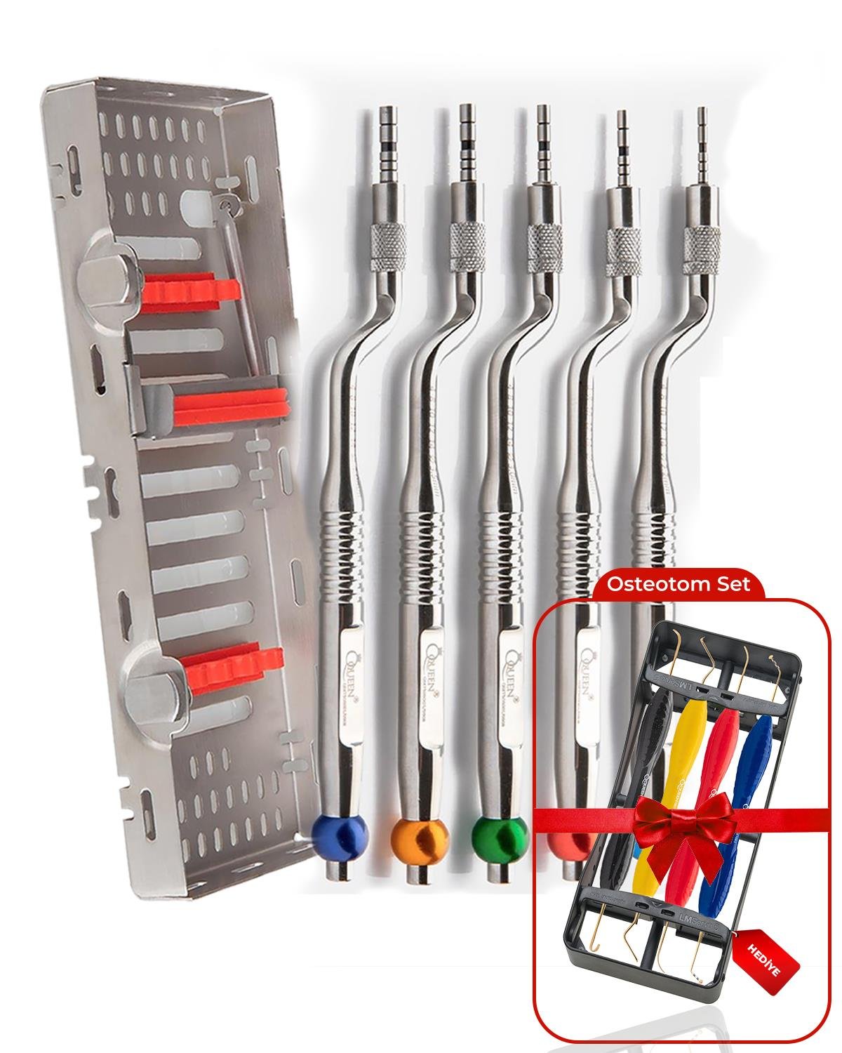 İç Bükey L açılı Osteotom 2.2/2.8/3/3.5/4mm 17cm 6 Ad./Kaset (Çekiçli), Sinüs lifting Seti Hediyeli