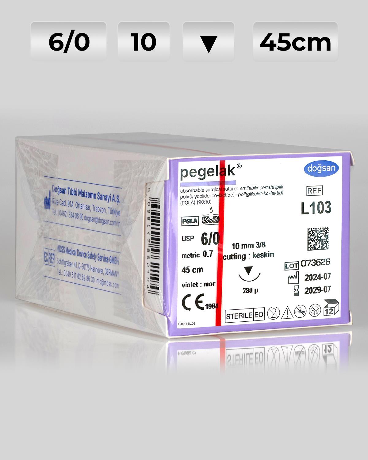 L103 DOĞSAN Pegelak 6/0 10 3/8 Keskin (▼) 45cm PGLA Emilebilir Sütür 12 Ad./Pkt