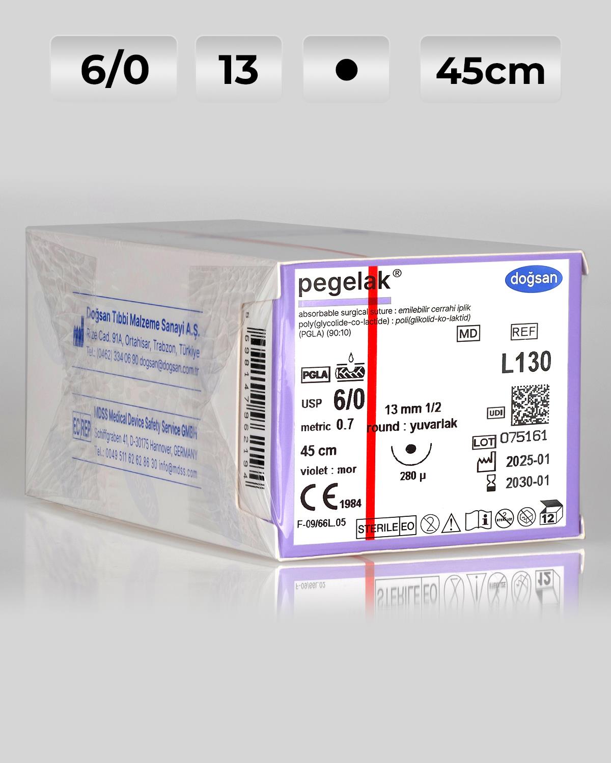 L130 DOĞSAN Pegelak 6/0 13 1/2 Yuvarlak (●) 45cm PGLA Emilebilir Sütür 12 Ad./Pkt