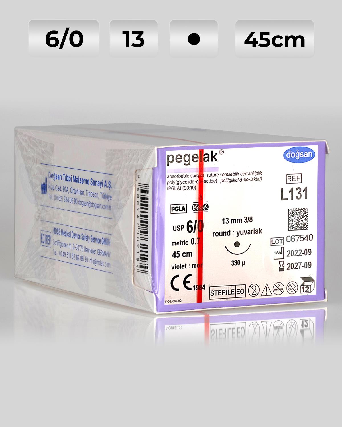 L131 DOĞSAN Pegelak 6/0 13 3/8 Yuvarlak (●) 45cm PGLA Emilebilir Sütür 12 Ad./Pkt