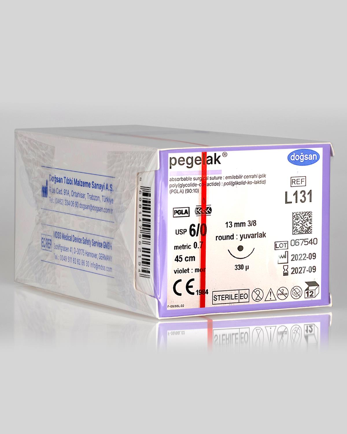 L131 DOĞSAN Pegelak 6/0 13 3/8 Yuvarlak (●) 45cm PGLA Emilebilir Sütür 12 Ad./Pkt