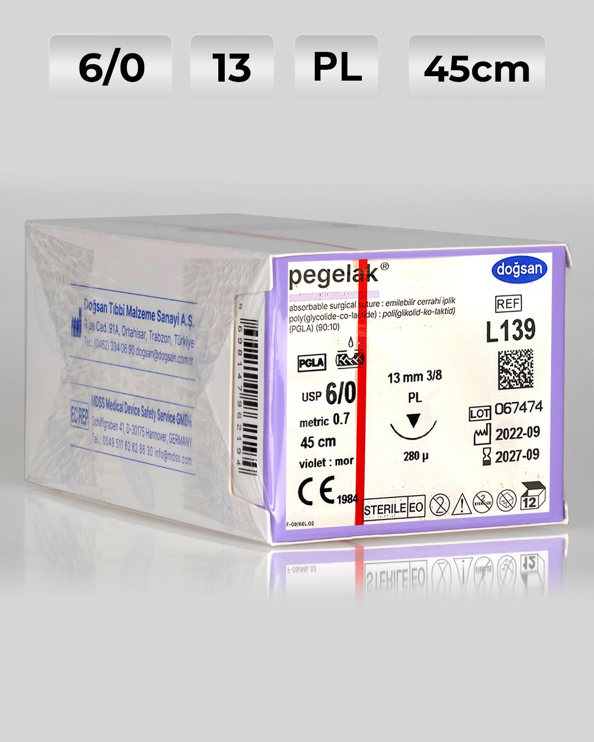 L139 DOĞSAN Pegelak 6/0 13 3/8 PL 45cm PGLA Emilebilir Sütür 12 Ad./Pkt