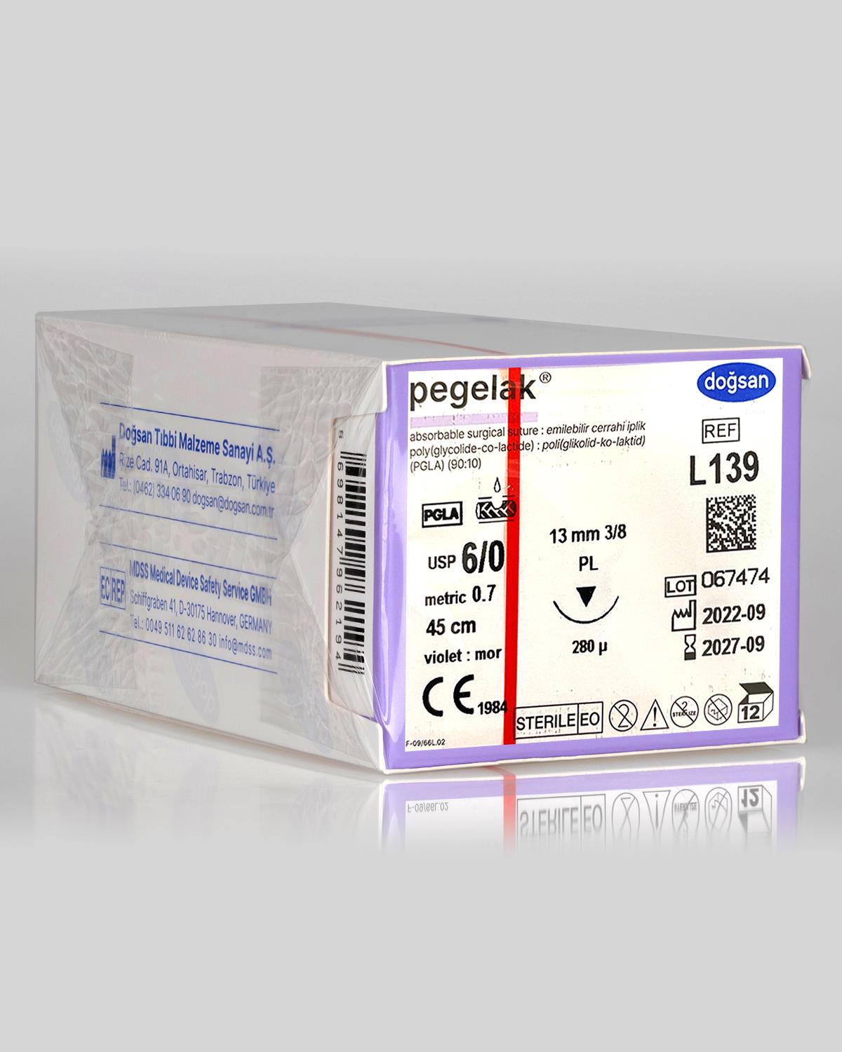 L139 DOĞSAN Pegelak 6/0 13 3/8 PL 45cm PGLA Emilebilir Sütür 12 Ad./Pkt