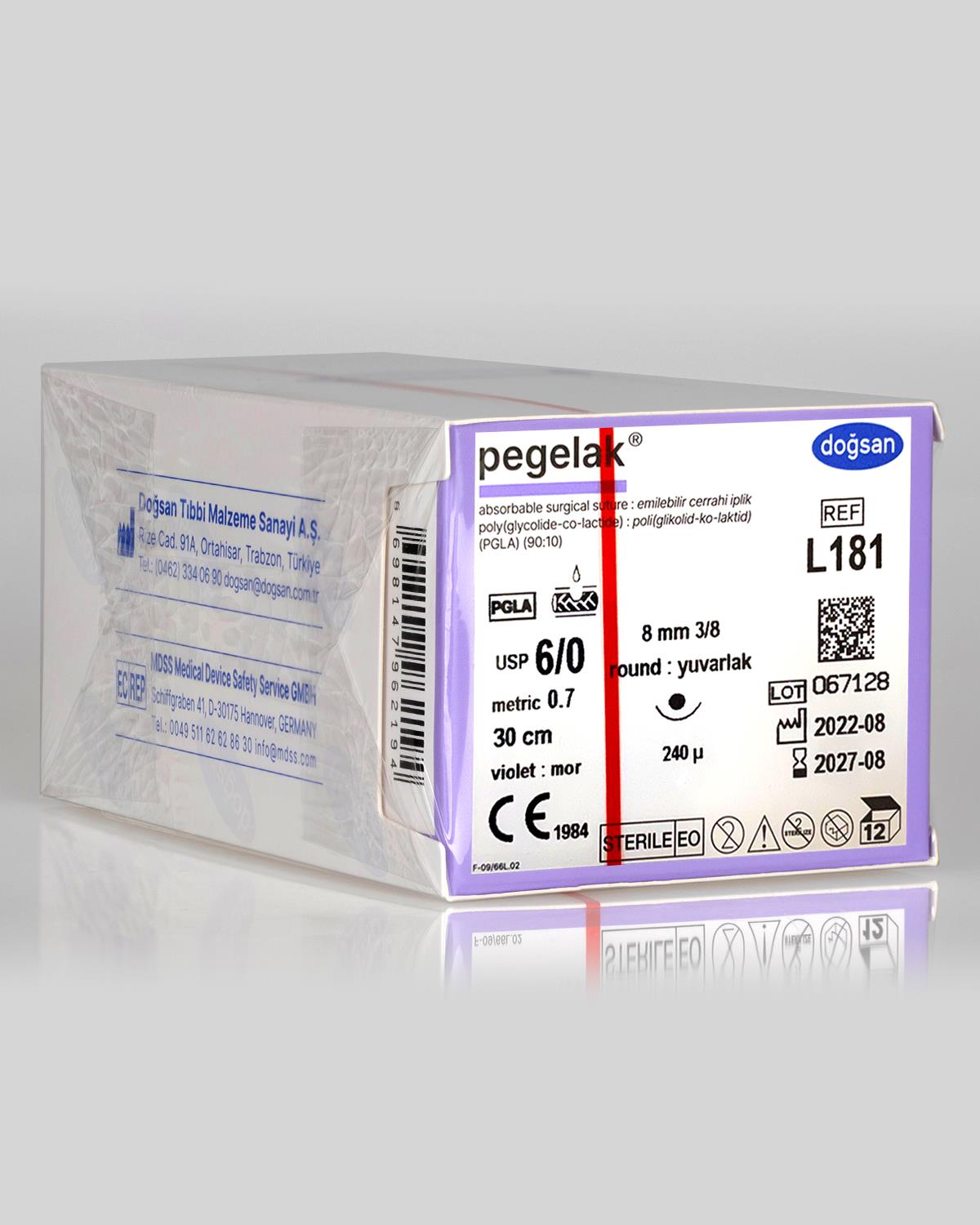L181 DOĞSAN Pegelak 6/0 8 3/8 Yuvarlak (●) 30cm PGLA Emilebilir Sütür 12 Ad./Pkt