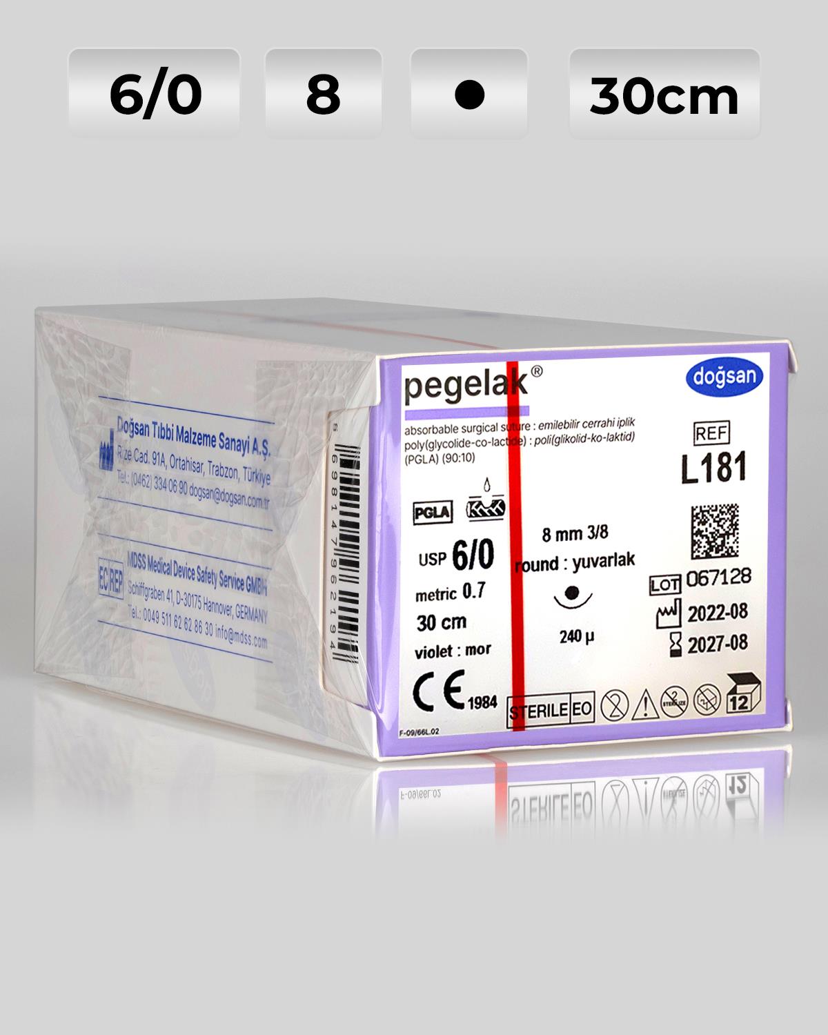 L181 DOĞSAN Pegelak 6/0 8 3/8 Yuvarlak (●) 30cm PGLA Emilebilir Sütür 12 Ad./Pkt