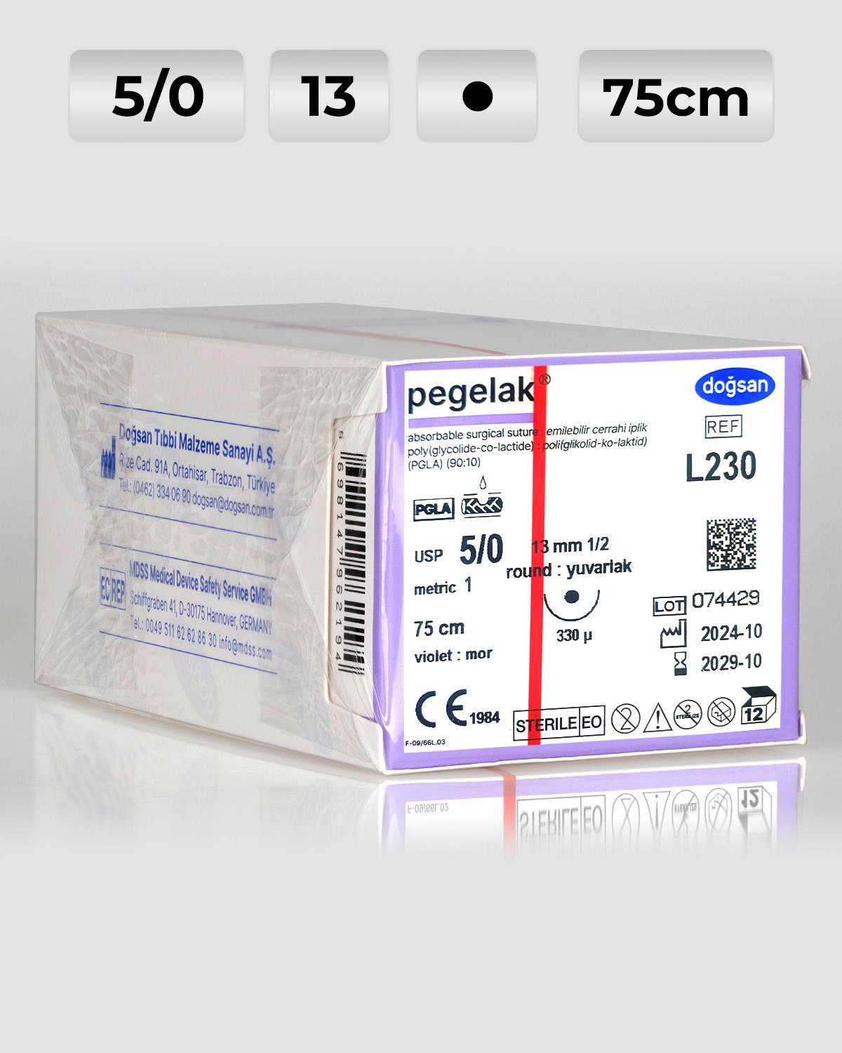 L230 DOĞSAN Pegelak 5/0 13 1/2 Yuvarlak (●) 75cm PGLA Emilebilir Sütür 12 Ad./Pkt