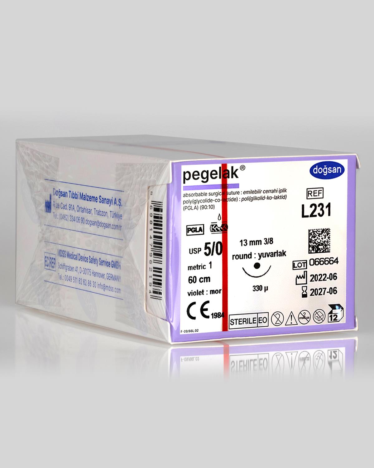 L231 DOĞSAN Pegelak 5/0 13 3/8 Yuvarlak (●) 60cm PGLA Emilebilir Sütür 12 Ad./Pkt