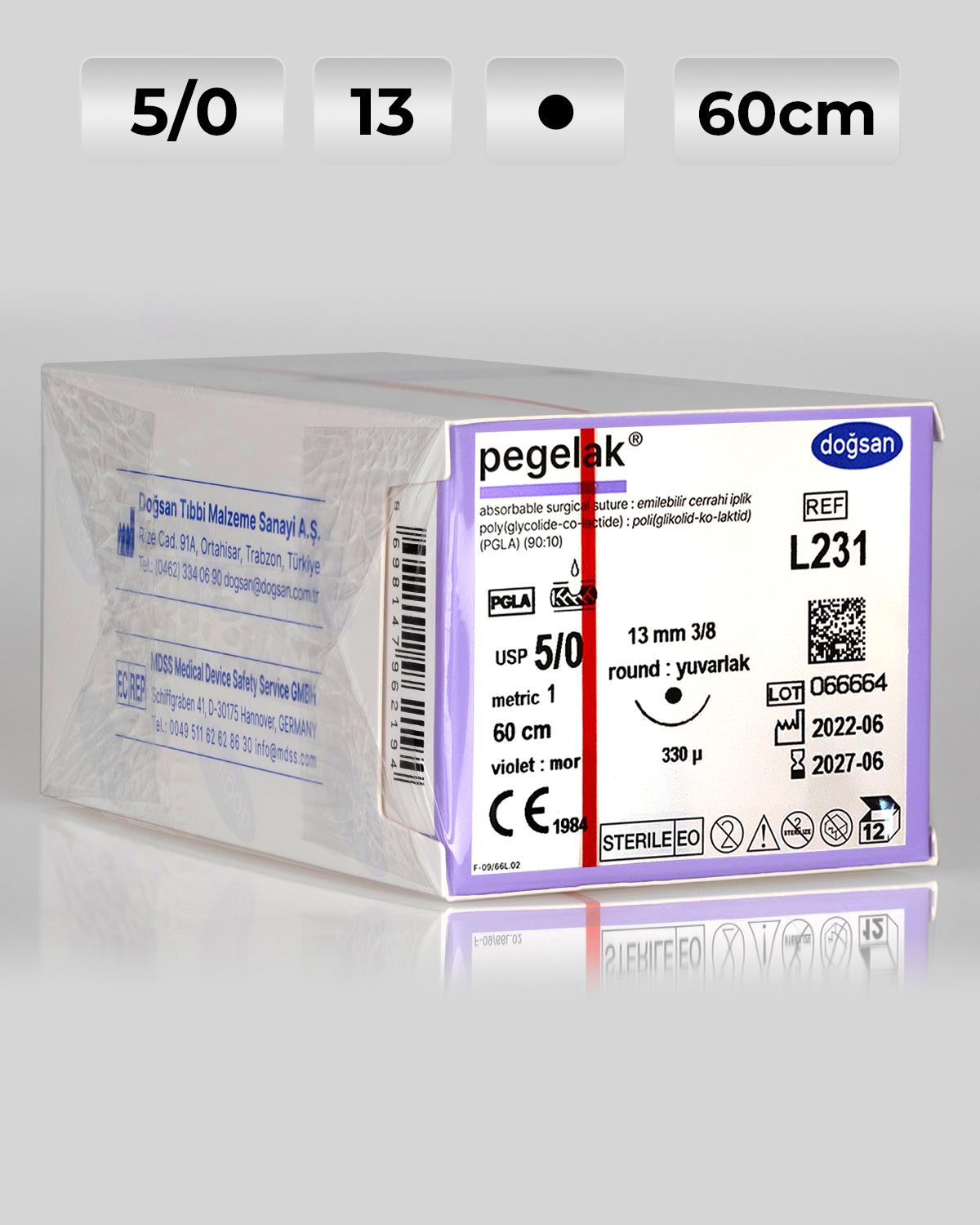 L231 DOĞSAN Pegelak 5/0 13 3/8 Yuvarlak (●) 60cm PGLA Emilebilir Sütür 12 Ad./Pkt