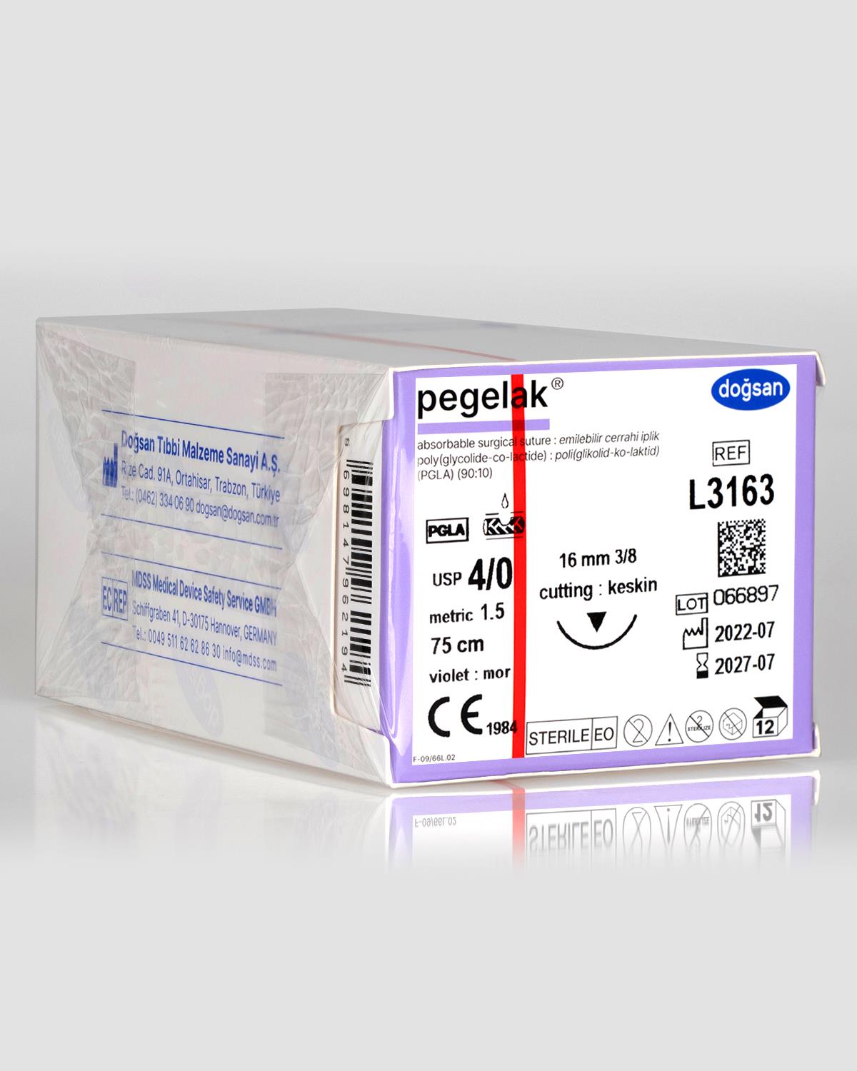 L3163 DOĞSAN Pegelak 4/0 16 3/8 Keskin (▼) 75cm PGLA Emilebilir Sütür 12 Ad./Pkt