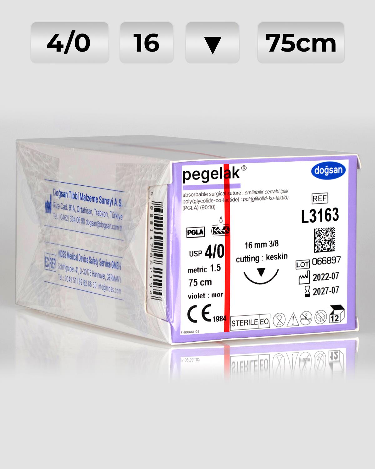 L3163 DOĞSAN Pegelak 4/0 16 3/8 Keskin (▼) 75cm PGLA Emilebilir Sütür 12 Ad./Pkt