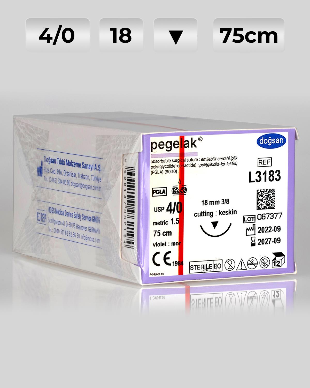 L3183 DOĞSAN Pegelak 4/0 18 3/8 Keskin (▼) 75cm PGLA Emilebilir Sütür 12 Ad./Pkt