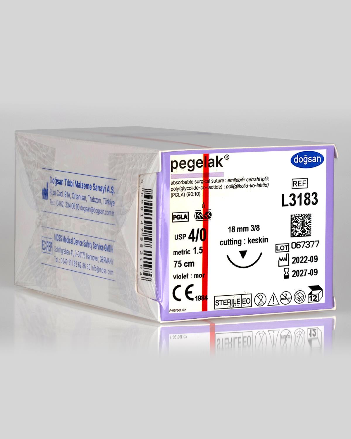 L3183 DOĞSAN Pegelak 4/0 18 3/8 Keskin (▼) 75cm PGLA Emilebilir Sütür 12 Ad./Pkt