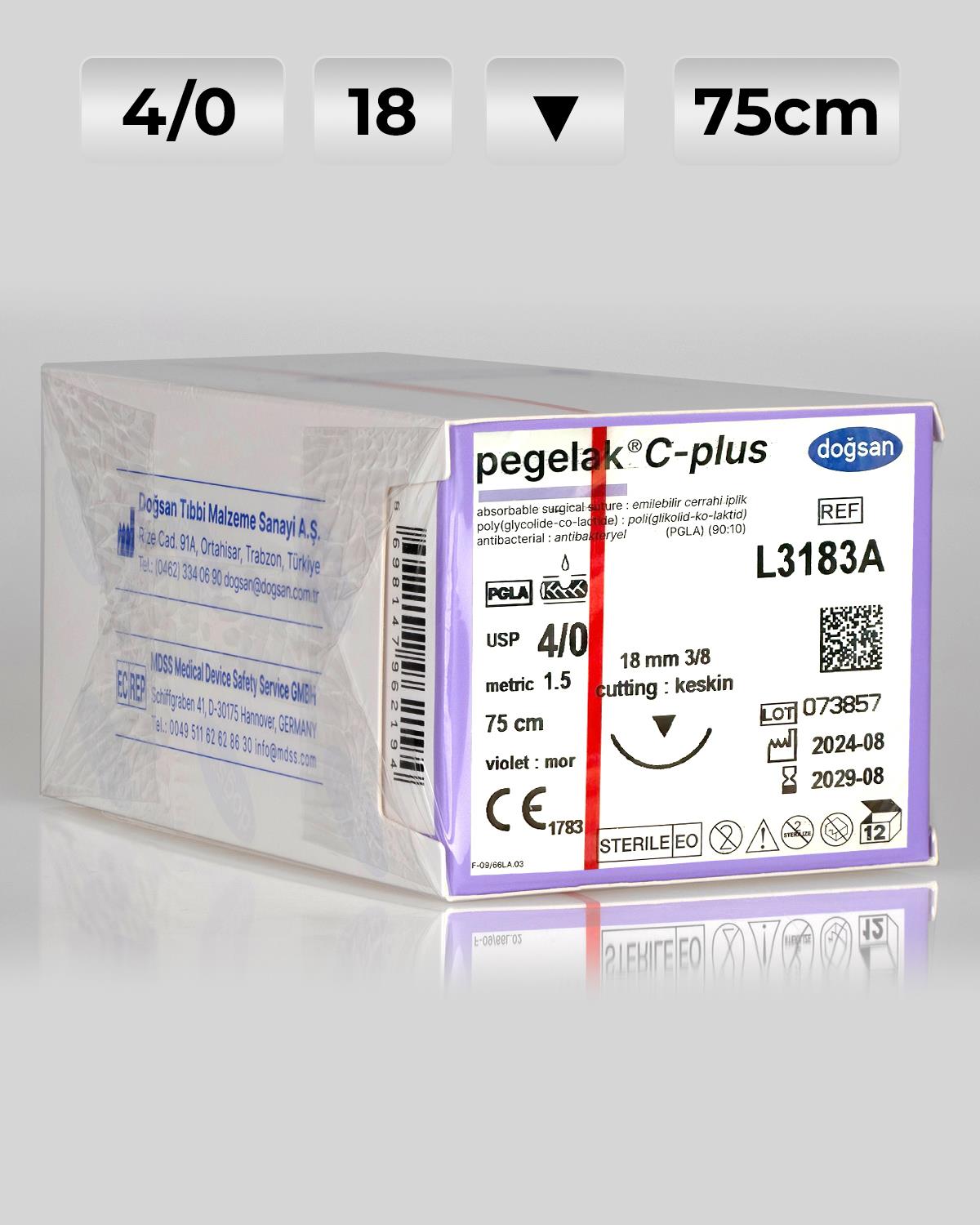 L3183A DOĞSAN Pegelak 4/0 18 3/8 Keskin (▼) 75cm PGLA Emilebilir Sütür 12 Ad./Pkt