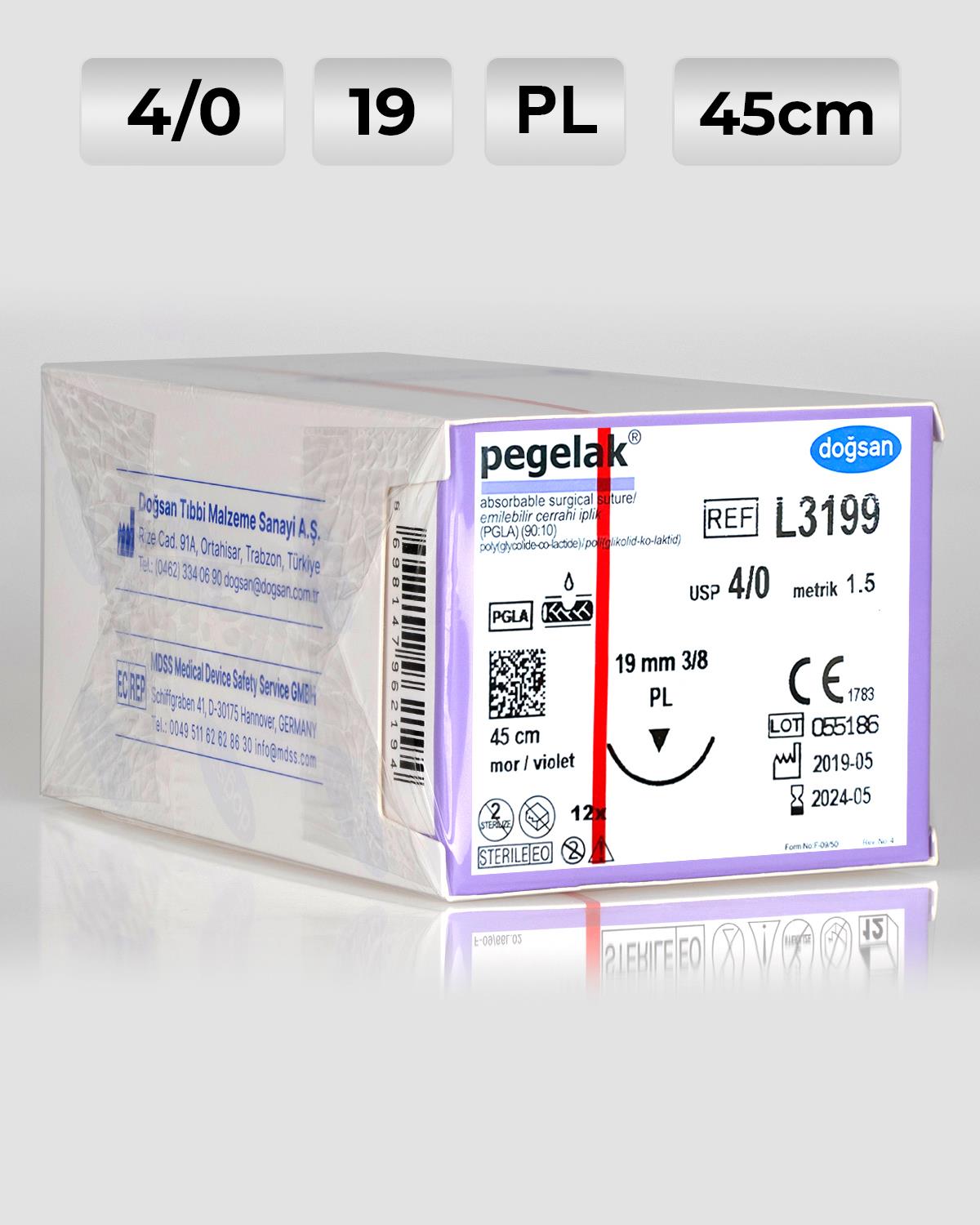 L3199 DOĞSAN Pegelak 4/0 19 3/8 PL 45cm PGLA Emilebilir Sütür 12 Ad./Pkt