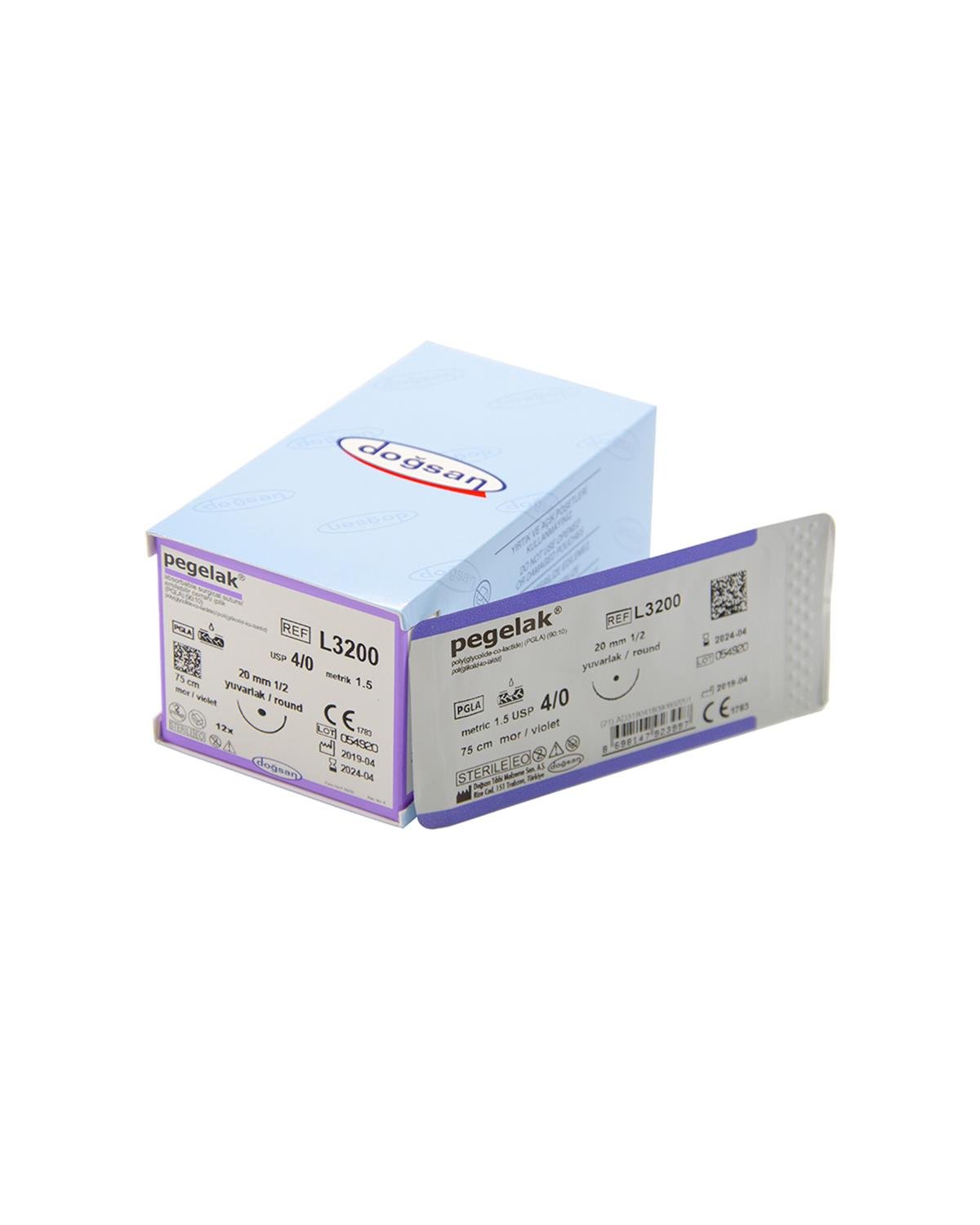 L3200 DOĞSAN Pegelak 4/0 20 1/2 Yuvarlak (●) 75cm PGLA Emilebilir Sütür 12 Ad./Pkt
