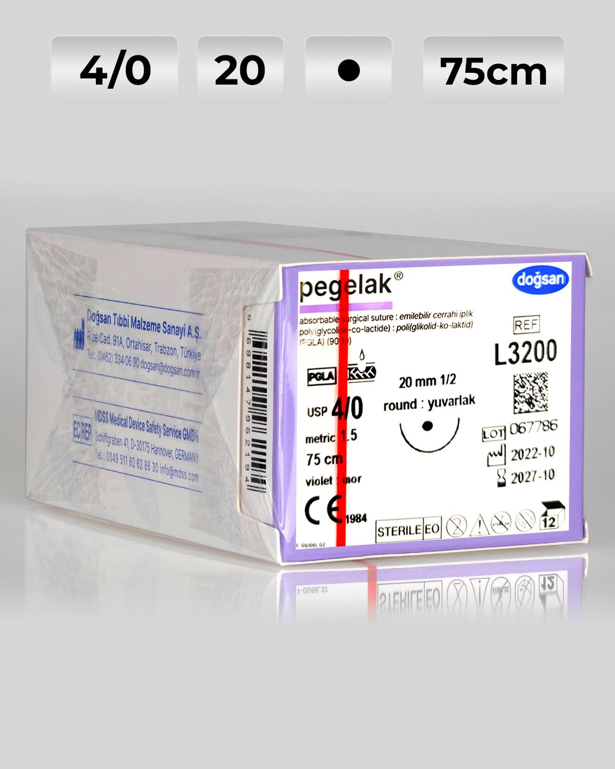 L3200 DOĞSAN Pegelak 4/0 20 1/2 Yuvarlak (●) 75cm PGLA Emilebilir Sütür 12 Ad./Pkt