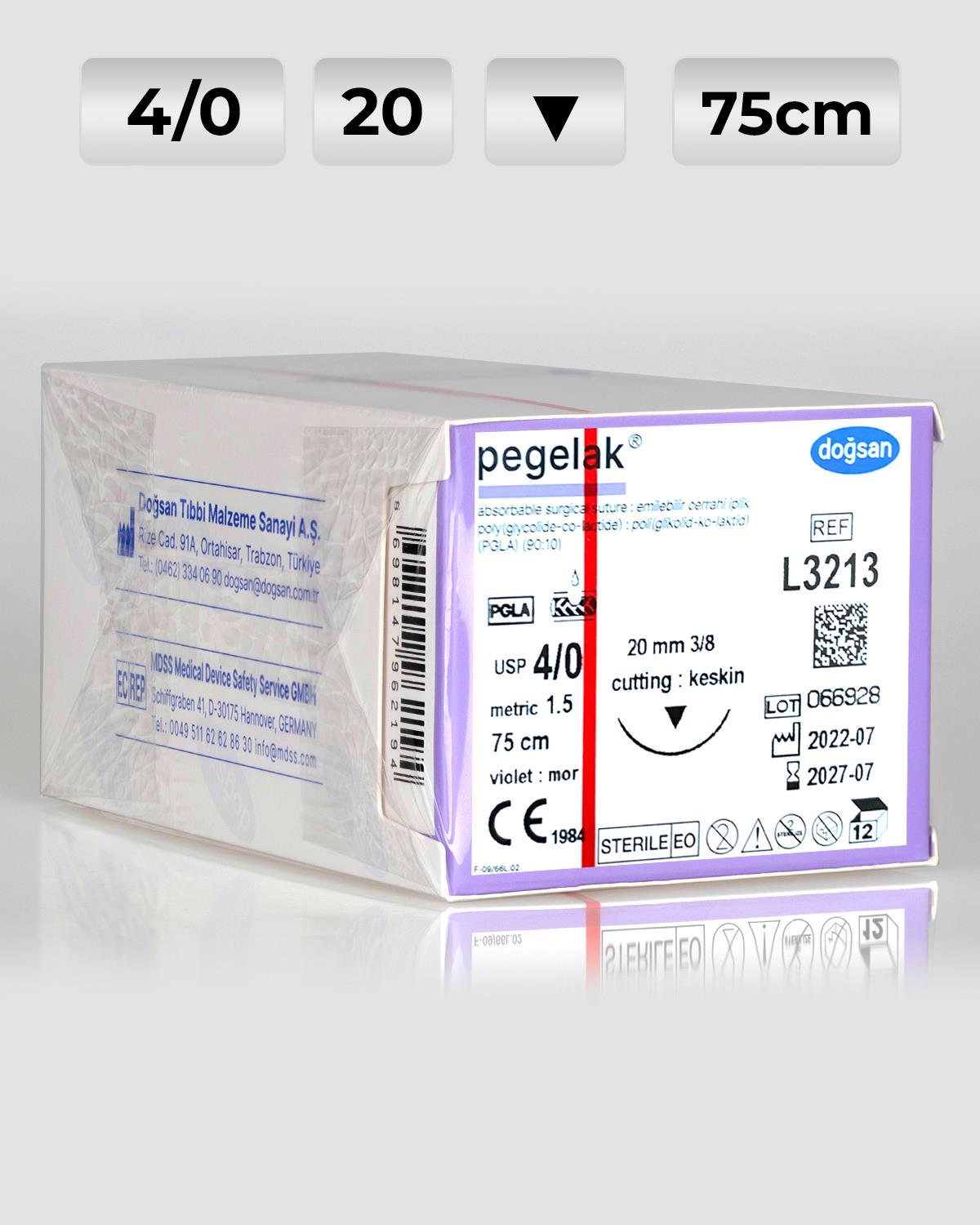 L3213 DOĞSAN Pegelak 4/0 20 3/8 Keskin (▼) 75cm PGLA Emilebilir Sütür 12 Ad./Pkt