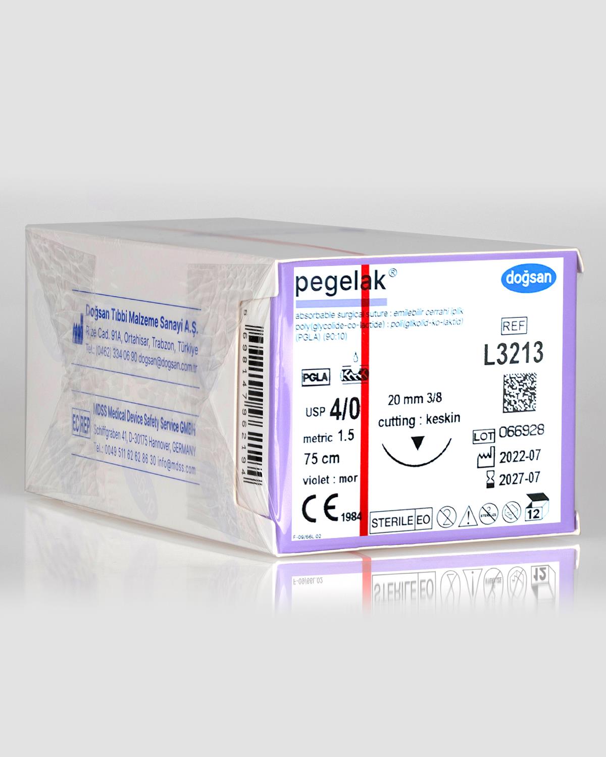 L3213 DOĞSAN Pegelak 4/0 20 3/8 Keskin (▼) 75cm PGLA Emilebilir Sütür 12 Ad./Pkt