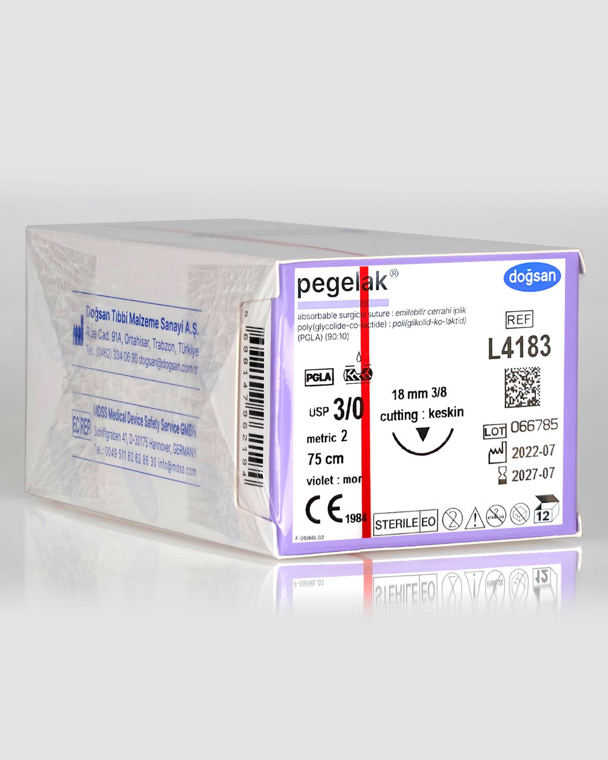 L4183 DOĞSAN Pegelak 3/0 18 3/8 Keskin (▼) 75cm PGLA Emilebilir Sütür 12 Ad./Pkt