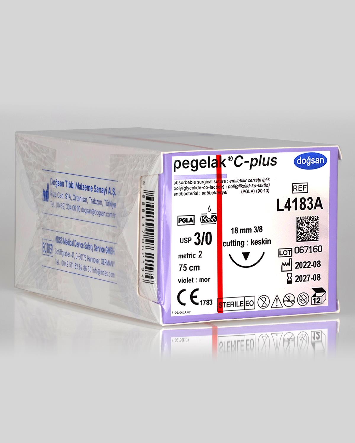 L4183A DOĞSAN Pegelak 3/0 18 3/8 Keskin (▼) 75cm PGLA Emilebilir Sütür 12 Ad./Pkt