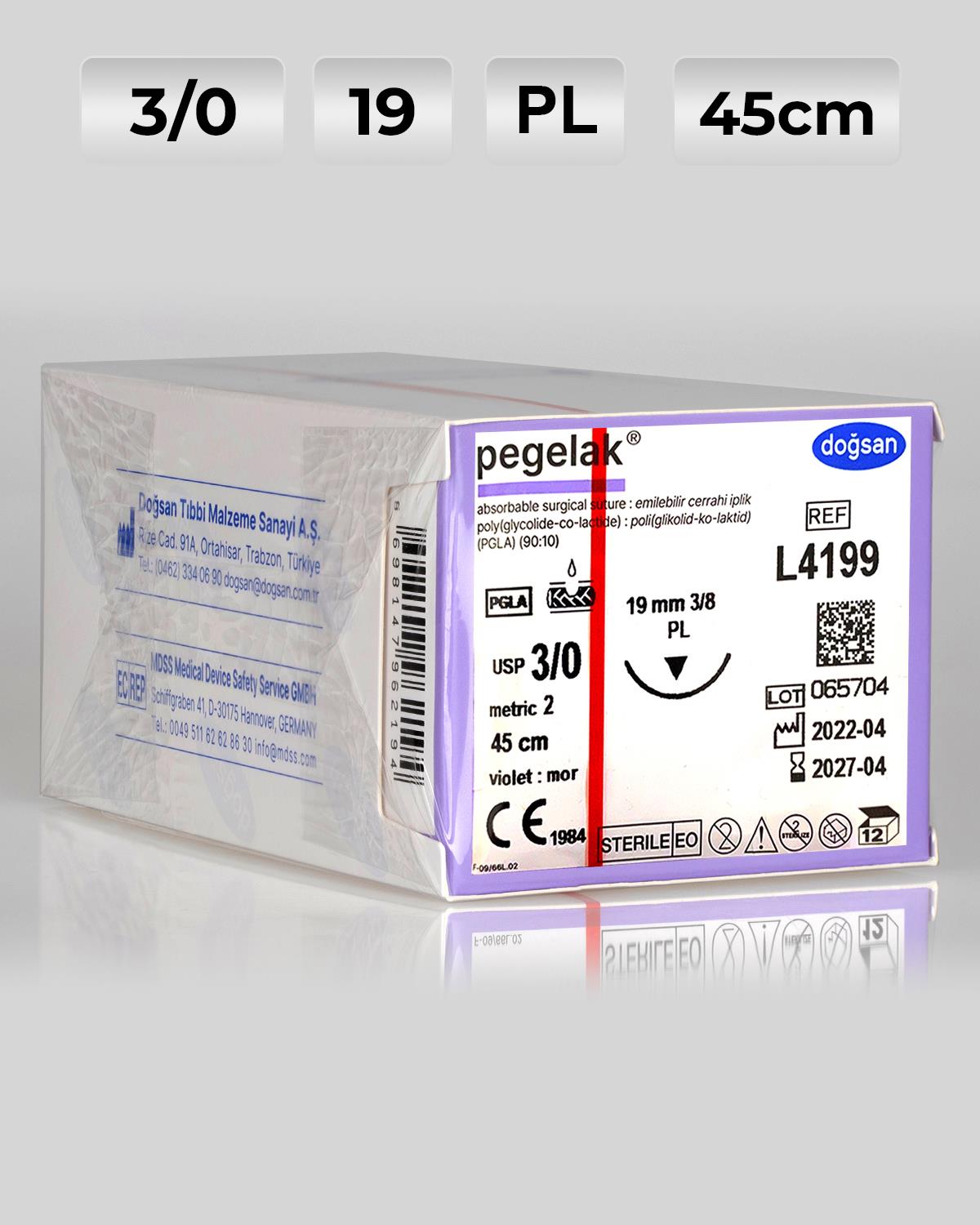 L4199 DOĞSAN Pegelak 3/0 19 3/8 PL 45cm PGLA Emilebilir Sütür 12 Ad./Pkt