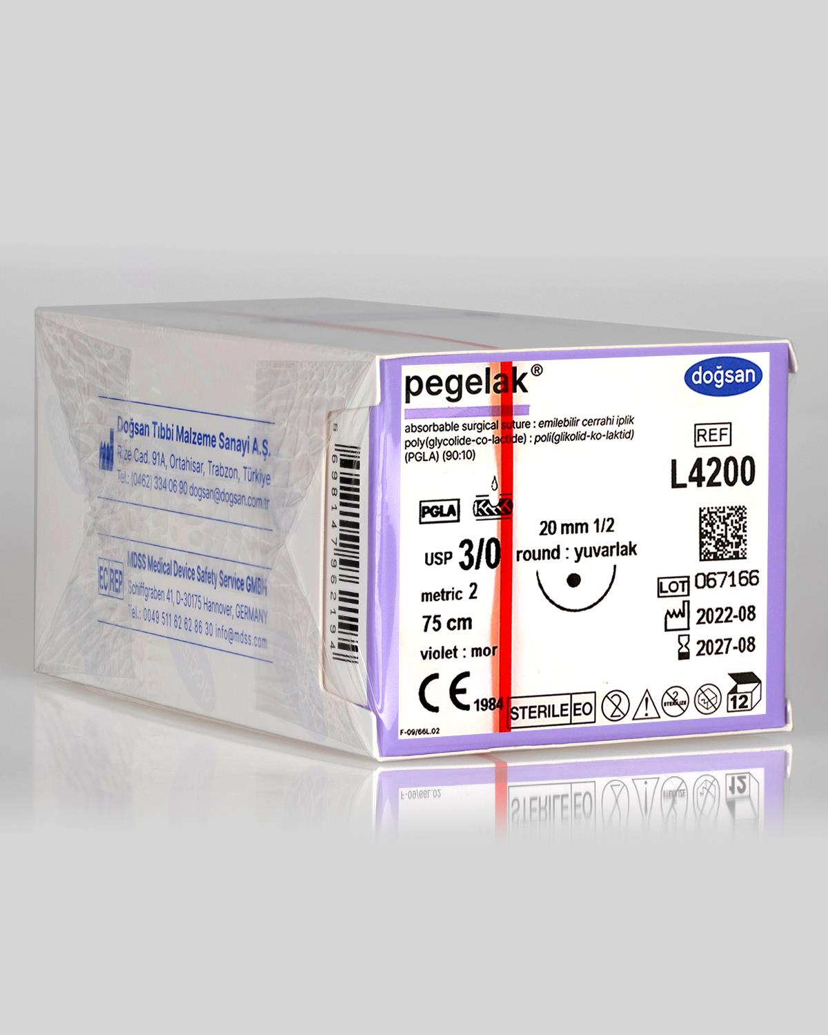 L4200 DOĞSAN Pegelak 3/0 20 1/2 Yuvarlak (●) 75cm PGLA Emilebilir Sütür 12 Ad./Pkt