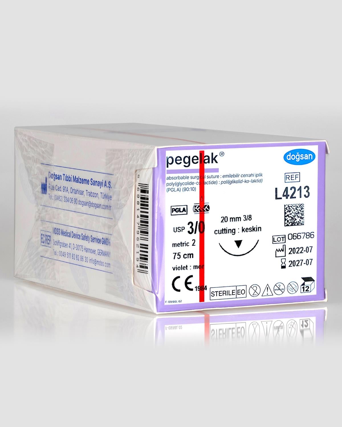L4213 DOĞSAN Pegelak 3/0 20 3/8 Keskin (▼) 75cm PGLA Emilebilir Sütür 12 Ad./Pkt