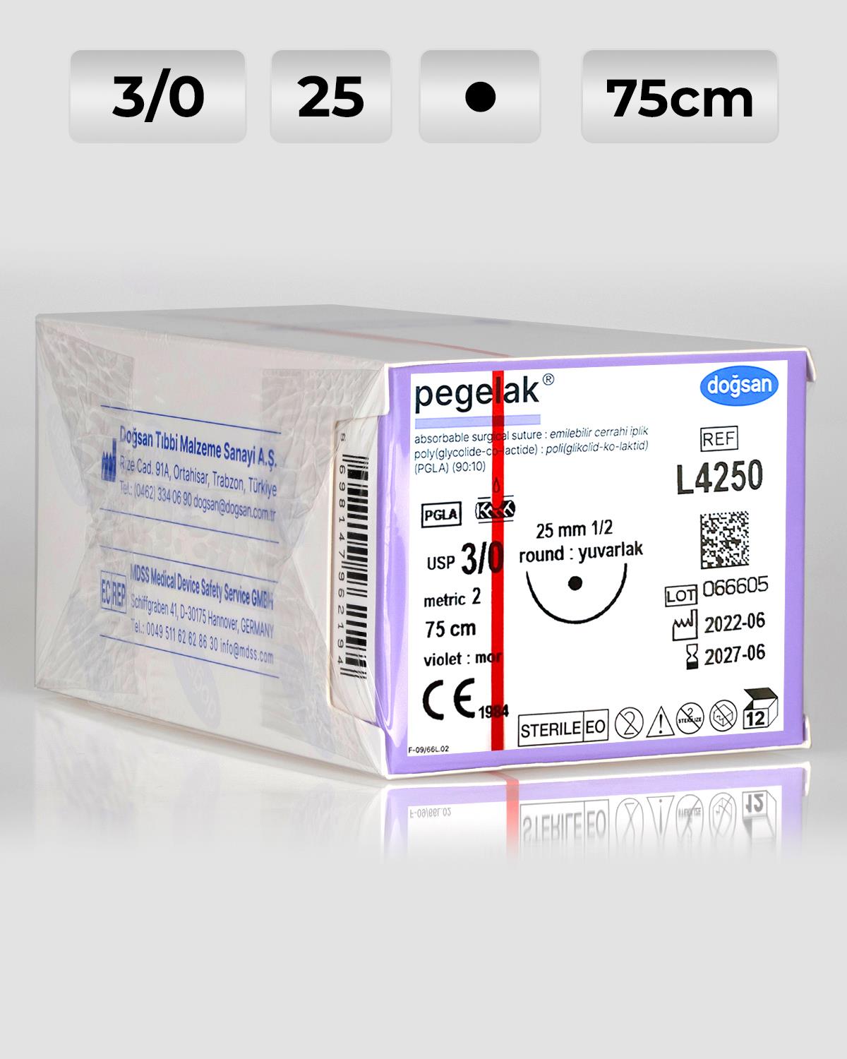 L4250 DOĞSAN Pegelak 3/0 25 1/2 Yuvarlak (●) 75cm PGLA Emilebilir Sütür 12 Ad./Pkt
