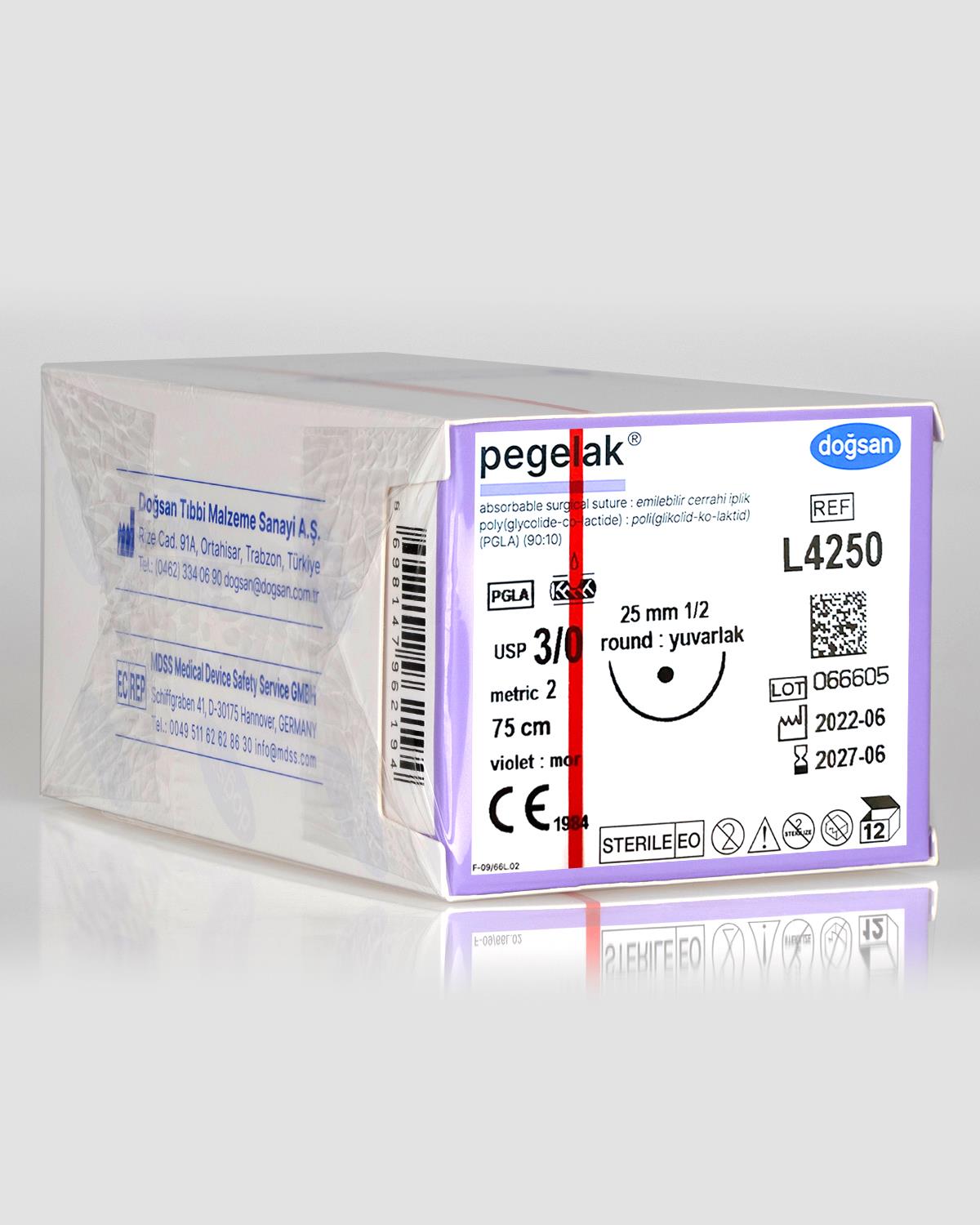 L4250 DOĞSAN Pegelak 3/0 25 1/2 Yuvarlak (●) 75cm PGLA Emilebilir Sütür 12 Ad./Pkt