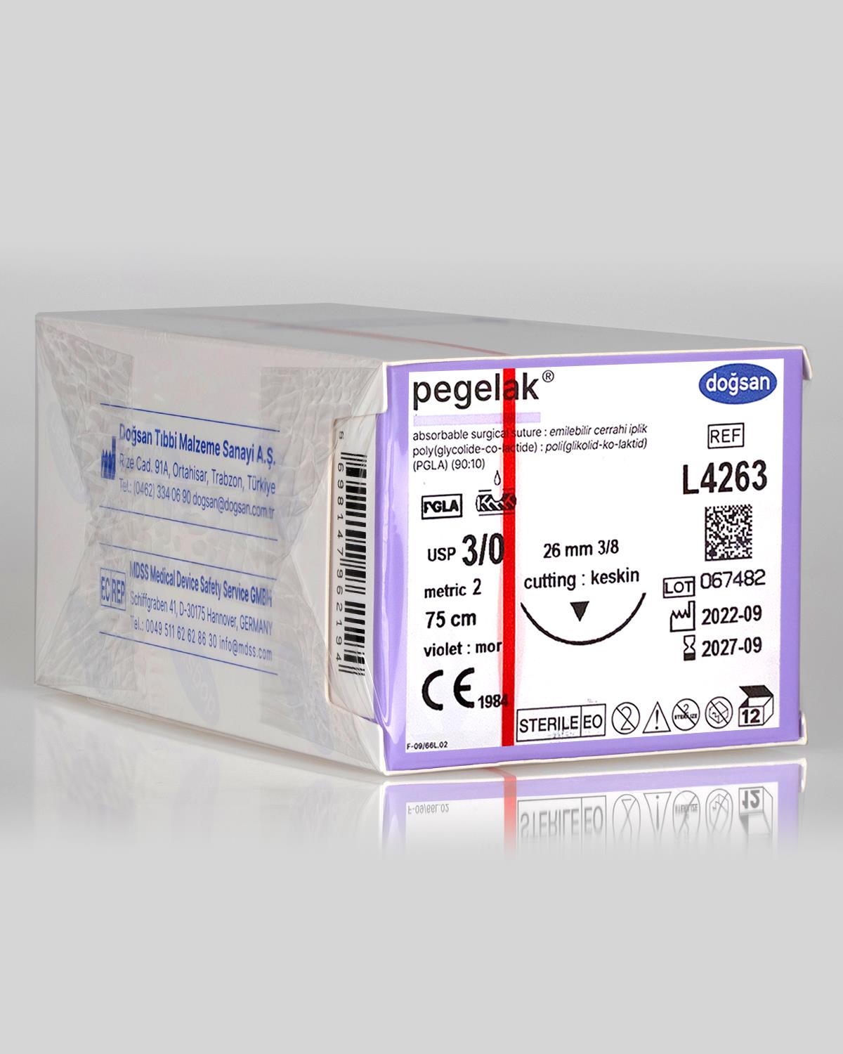 L4263 DOĞSAN Pegelak 3/0 26 3/8 Keskin (▼) 75cm PGLA Emilebilir Sütür 12 Ad./Pkt