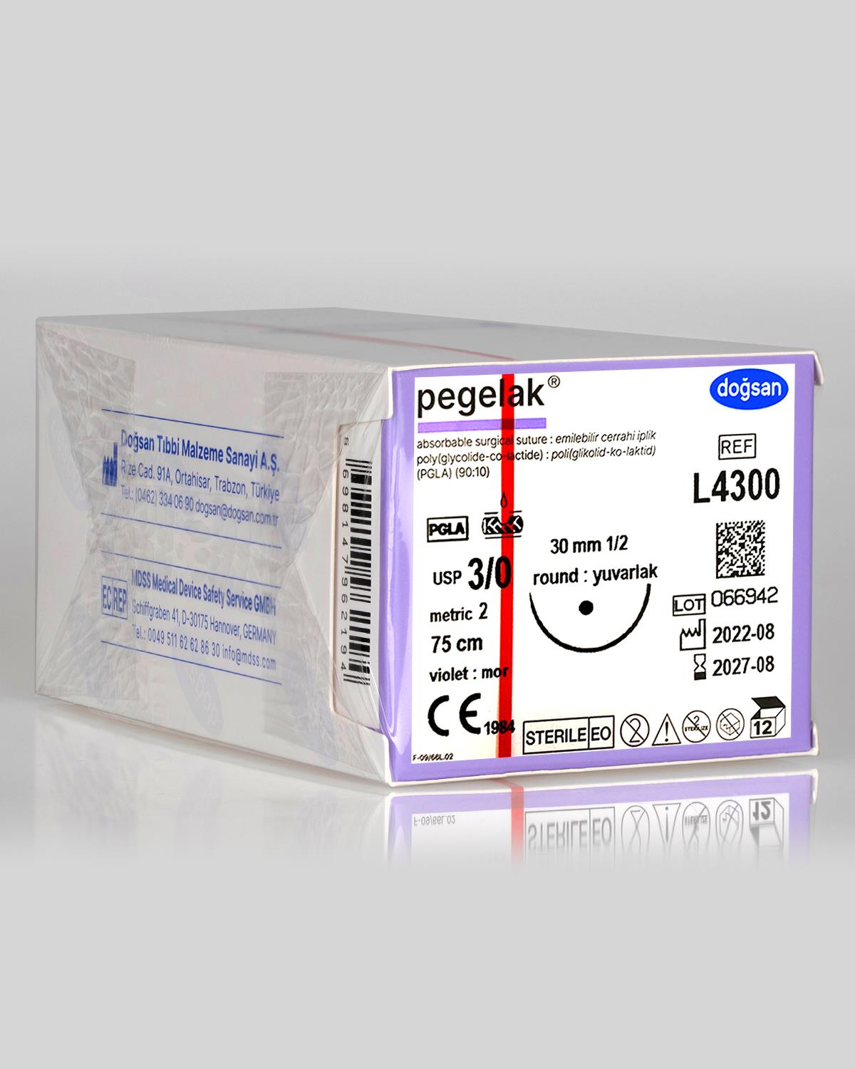 L4300 DOĞSAN Pegelak 3/0 30 1/2 Yuvarlak (●) 75cm PGLA Emilebilir Sütür 12 Ad./Pkt