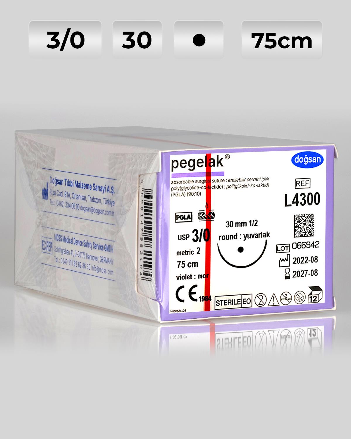 L4300 DOĞSAN Pegelak 3/0 30 1/2 Yuvarlak (●) 75cm PGLA Emilebilir Sütür 12 Ad./Pkt