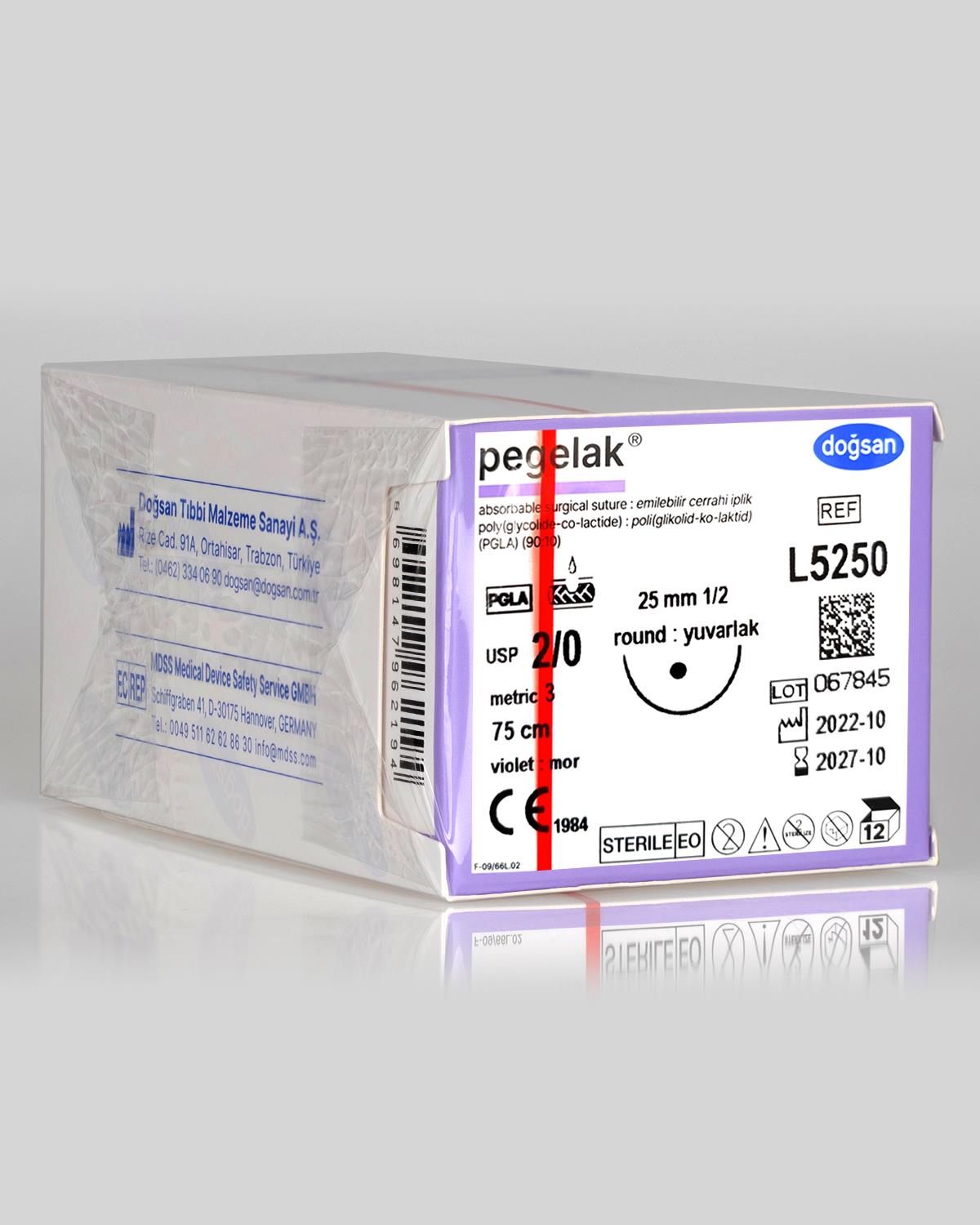 L5250 DOĞSAN Pegelak 2/0 25 1/2 Yuvarlak (●) 75cm PGLA Emilebilir Sütür 12 Ad./Pkt