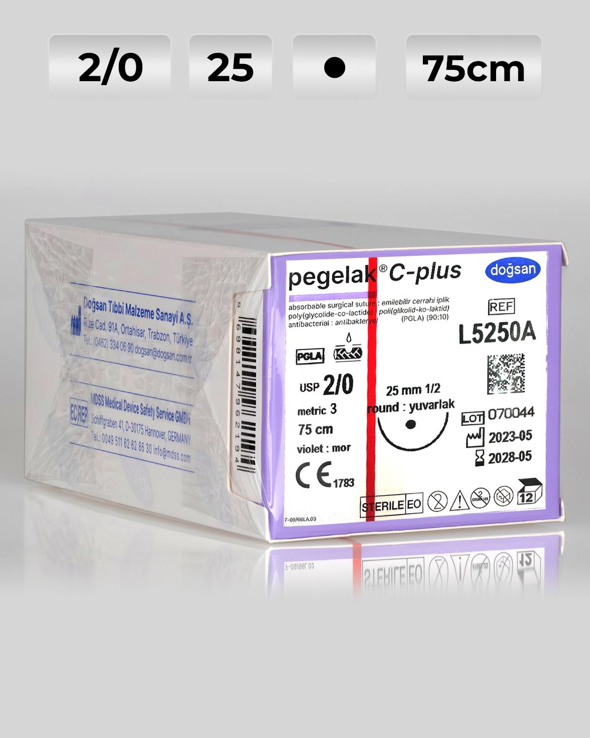L5250A DOĞSAN Pegelak 2/0 25 1/2 Yuvarlak (●) 75cm PGLA Emilebilir Sütür 12 Ad./Pkt