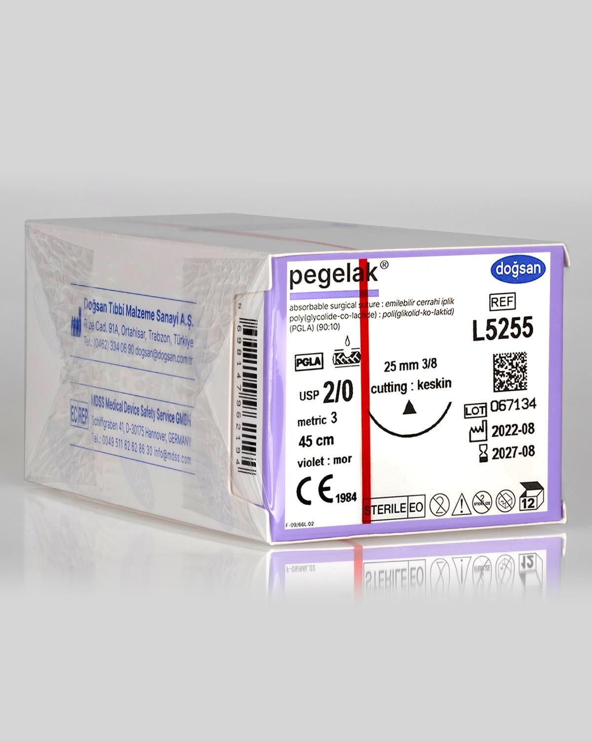 L5255 DOĞSAN Pegelak 2/0 25 3/8 Keskin (Δ) 45cm PGLA Emilebilir Sütür 12 Ad./Pkt