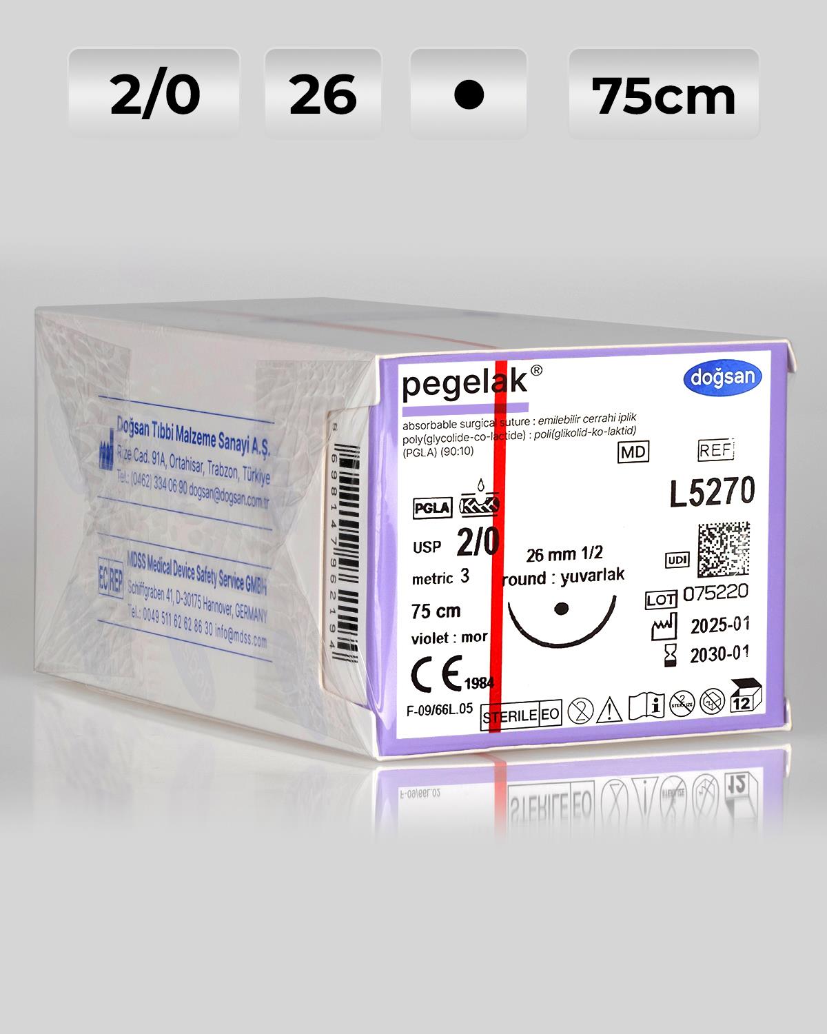 L5270 DOĞSAN Pegelak 2/0 26 1/2 Yuvarlak (●) 75cm PGLA Emilebilir Sütür 12 Ad./Pkt